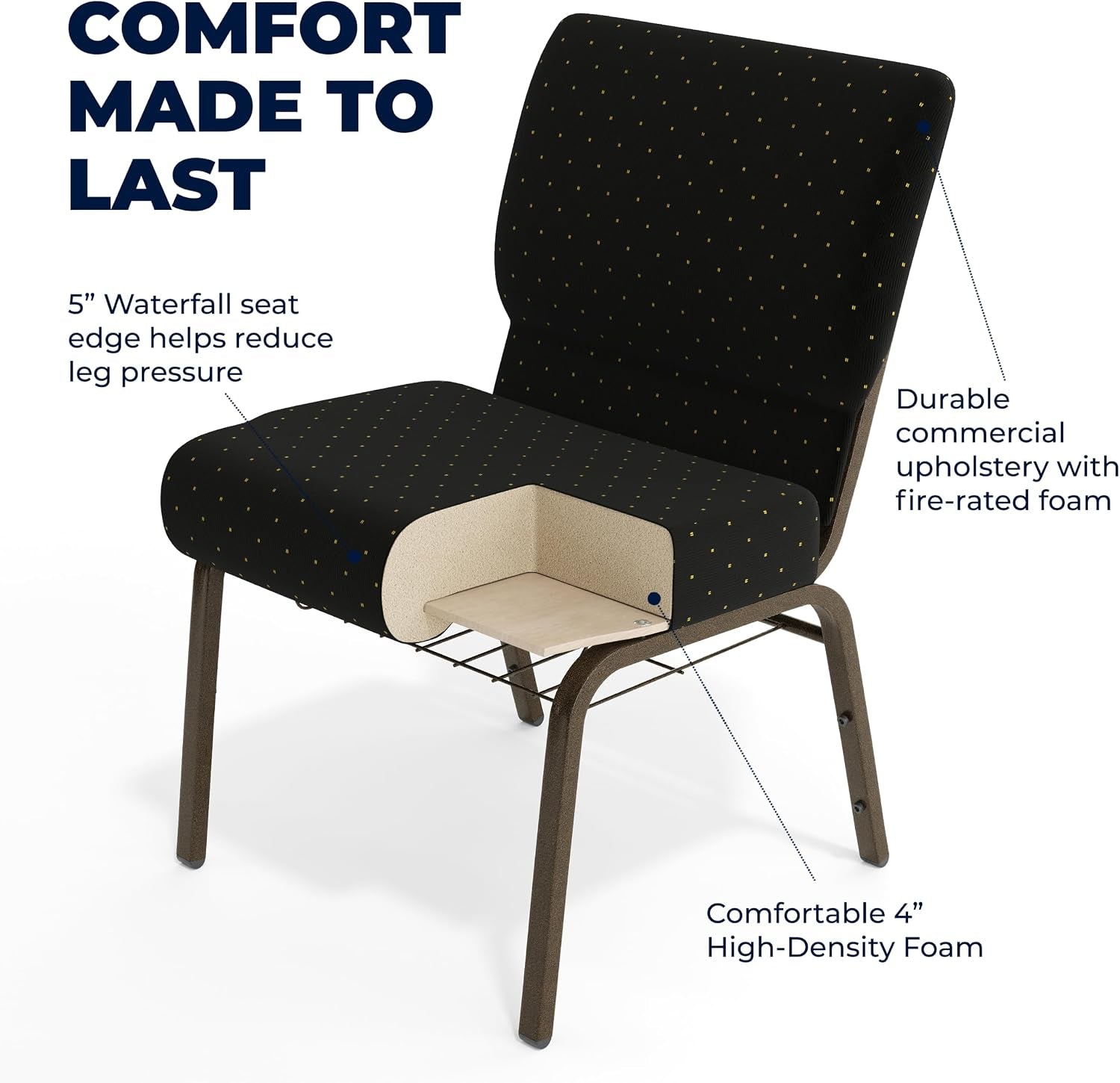 Flash Furniture HERCULES Series 21''W Church Chair in Black Dot Patterned Fabric with Cup Book Rack - Gold Vein Frame