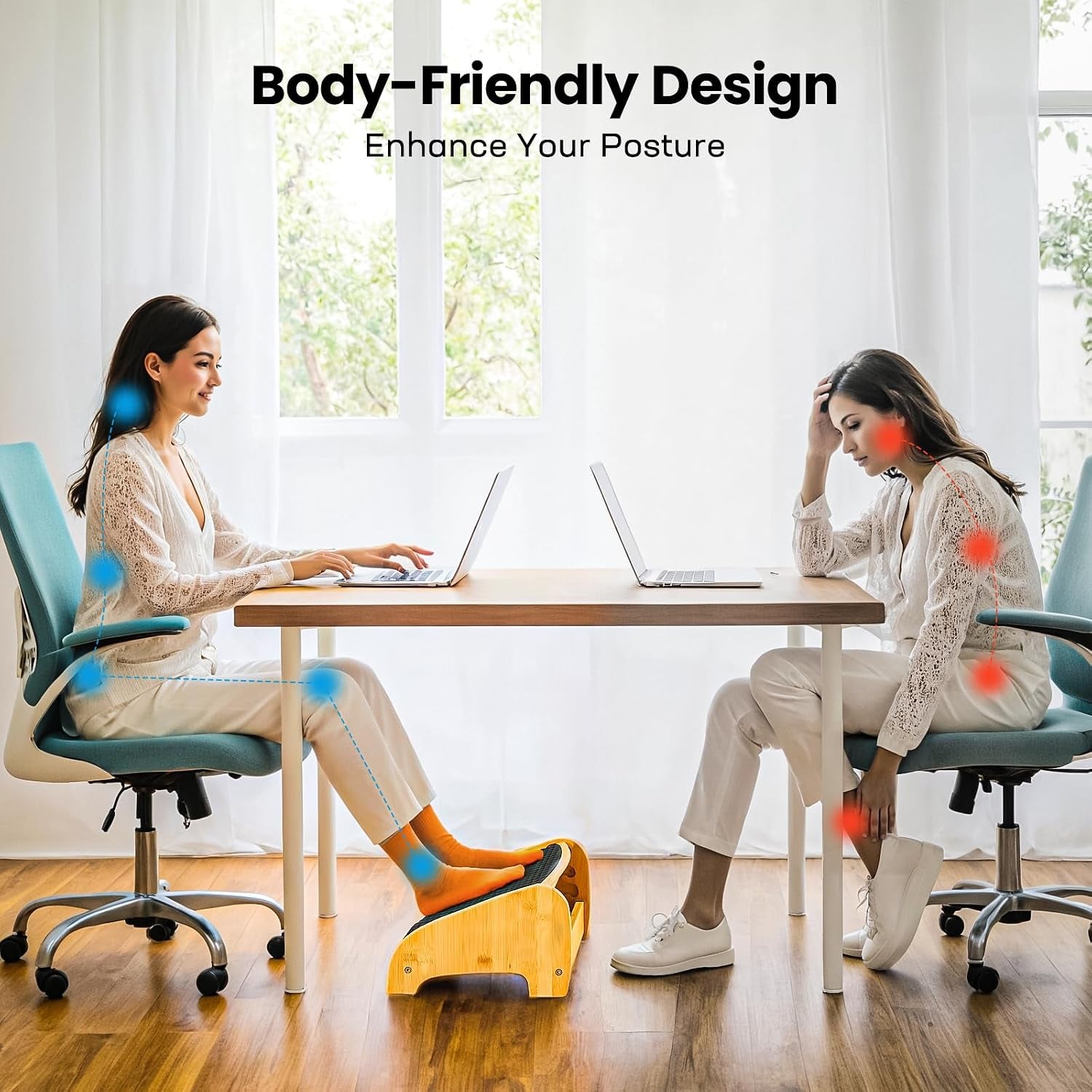 HUANUO Bamboo under Desk Footrest with 4 Heights and Massage Texture | Adjustable Angles, Non-Slip Pads, Triangular Bamboo Frame, Ergonomic Foot Rest for Home Office, Water-Resistant Surface