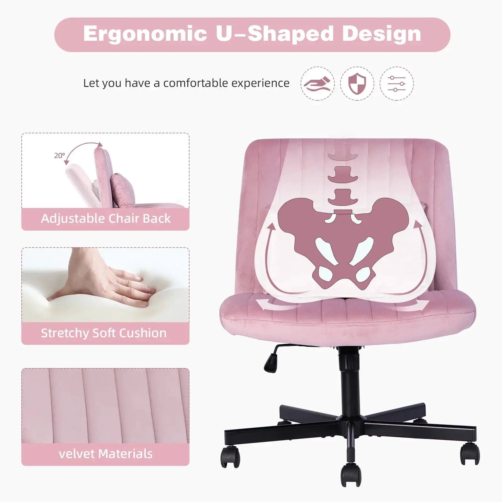 Light Pink Velvet Criss Cross Armless Office Chair With Wheels Makeup by Platinum-Level Office Chairs
