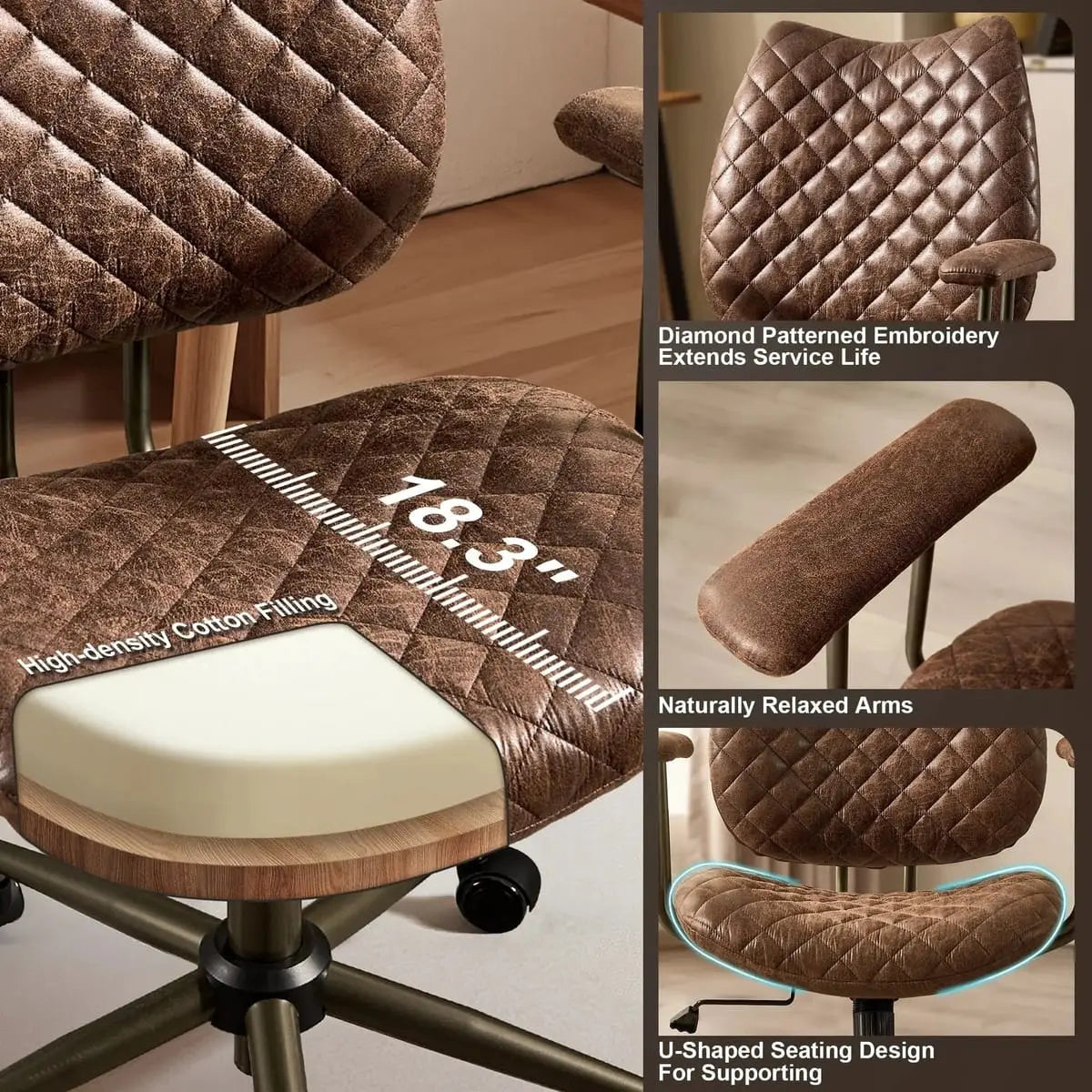 HOOOWOOO Mid-Century Leather Ergonomic Adjustable Swivel Office Chair