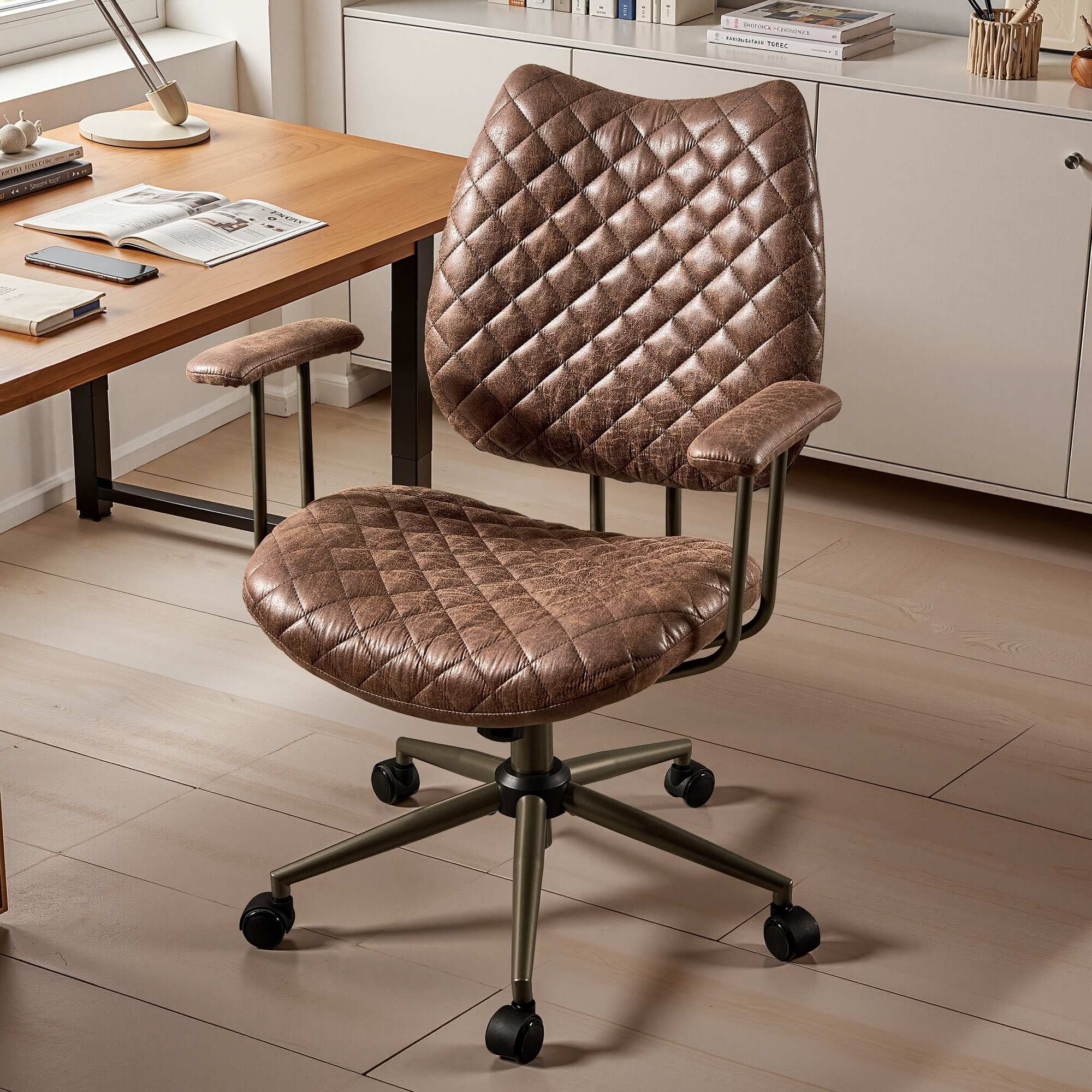 HOOOWOOO Mid-Century Leather Ergonomic Adjustable Swivel Office Chair