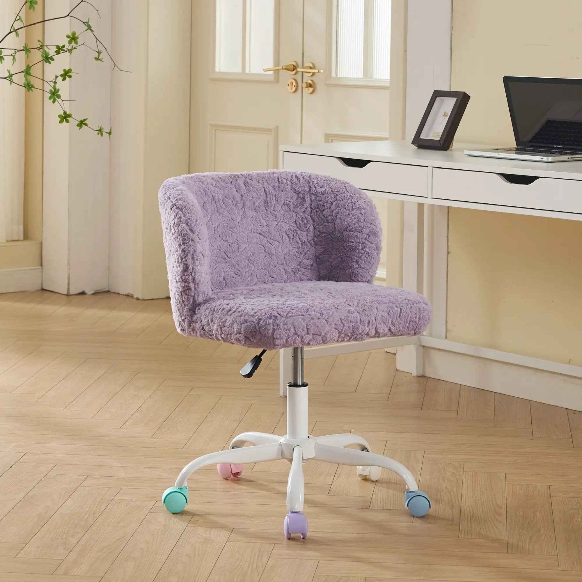Soft Faux Fur Swivel Desk Chair with Colorful Wheels
