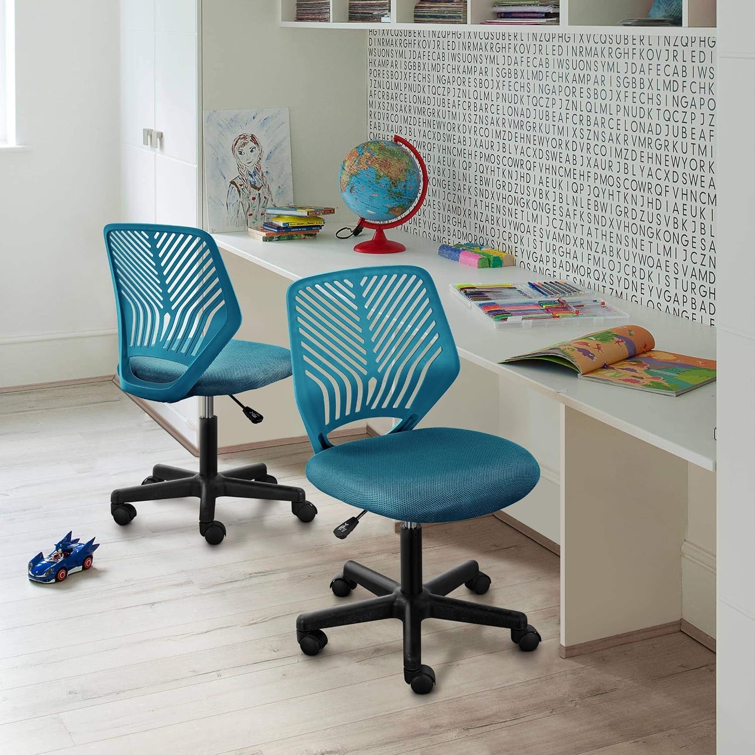 Yaheetech Small Desk Chair, Armless Adjustable Swivel Seat, Turquoise | Padded Mesh Seat and Ventilated Resin Back, Compact Armless Frame Rolls and Adjusts for Study and Small Desks, Holds 300 Lb.