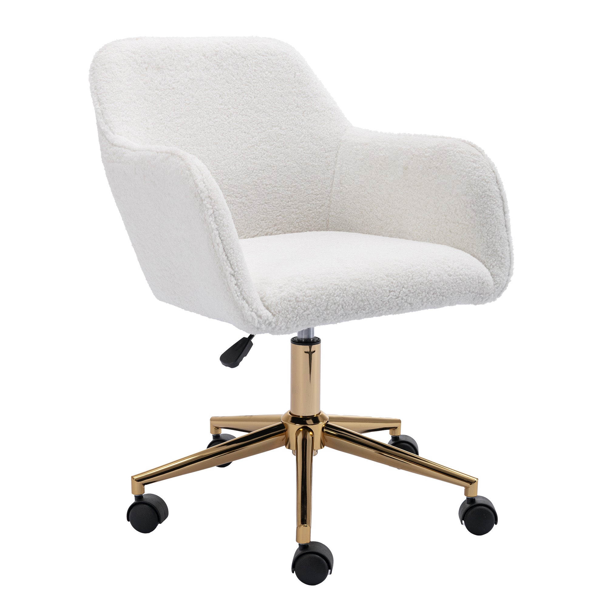 Modern Home Office Chair, White Teddy, Gold Legs