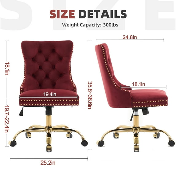 Wine Red Velvet Tufted Office Chair, A&A Furniture Classic Swivel Bedroom Chair with Golden Metal Base and Nailhead Trim - Platinum-Level Office Chairs