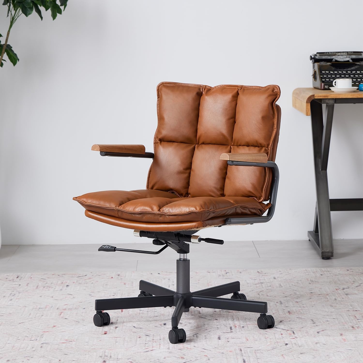 Home Office Desk Chair, Leather Ergonomic Computer Chair with Wheels, Adjustable Height Rolling Swivel Executive Chair, Camel Brown