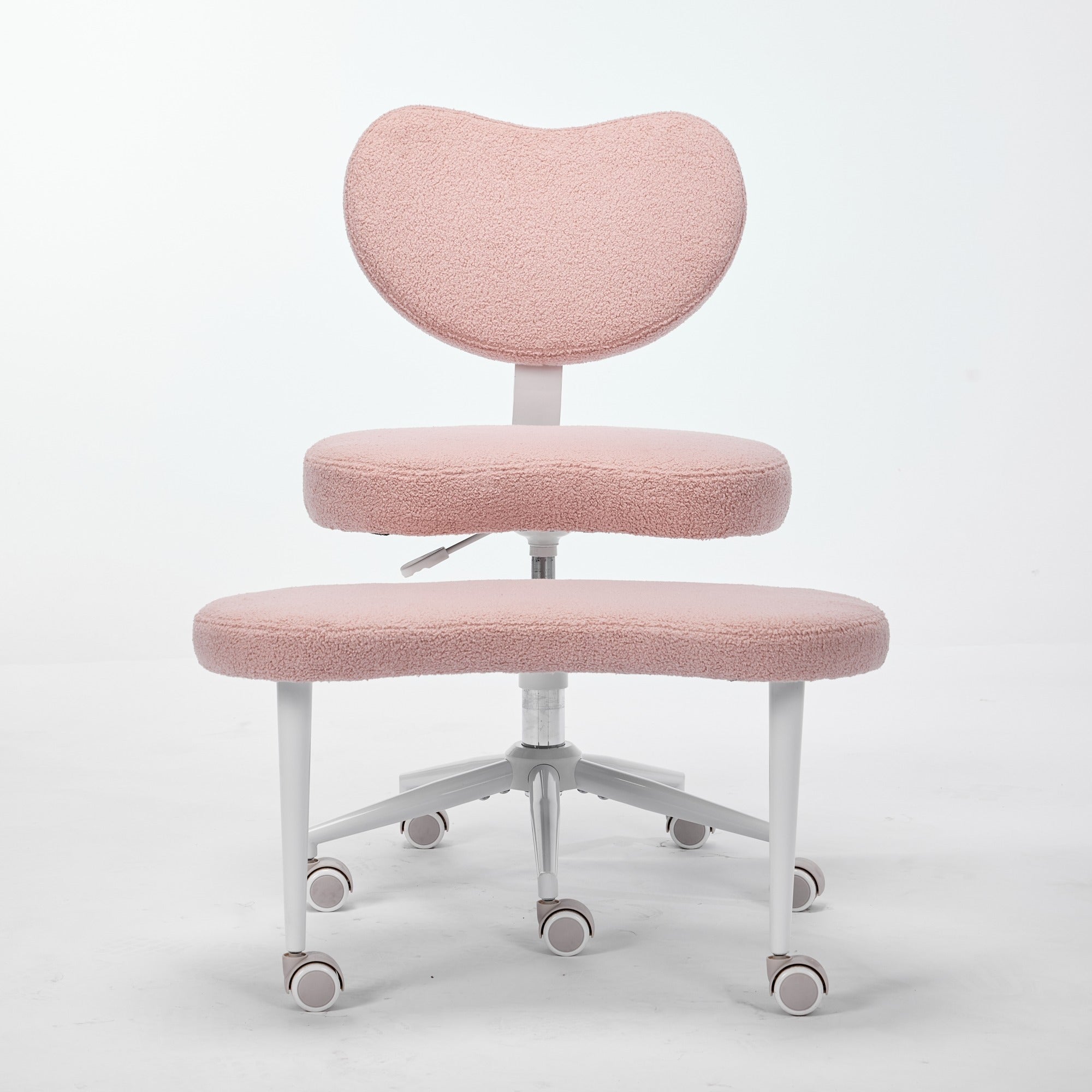 Pink plush cross-legged meditation chair with ADHD lumbar support on a wheeled white base.