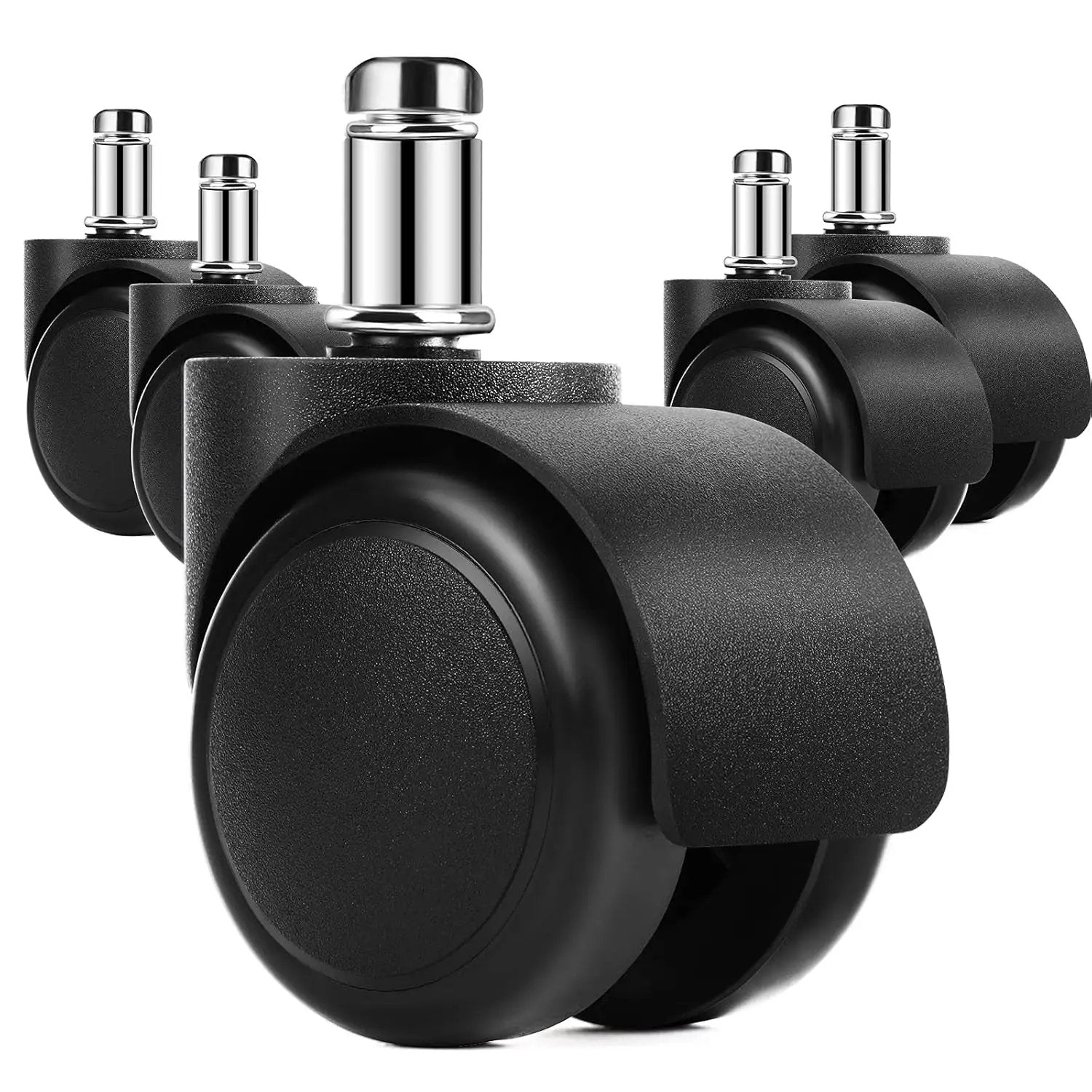 MaxGear 2-inch black rubber office chair casters with 11mm stems, set of 5, safe for all floors.
