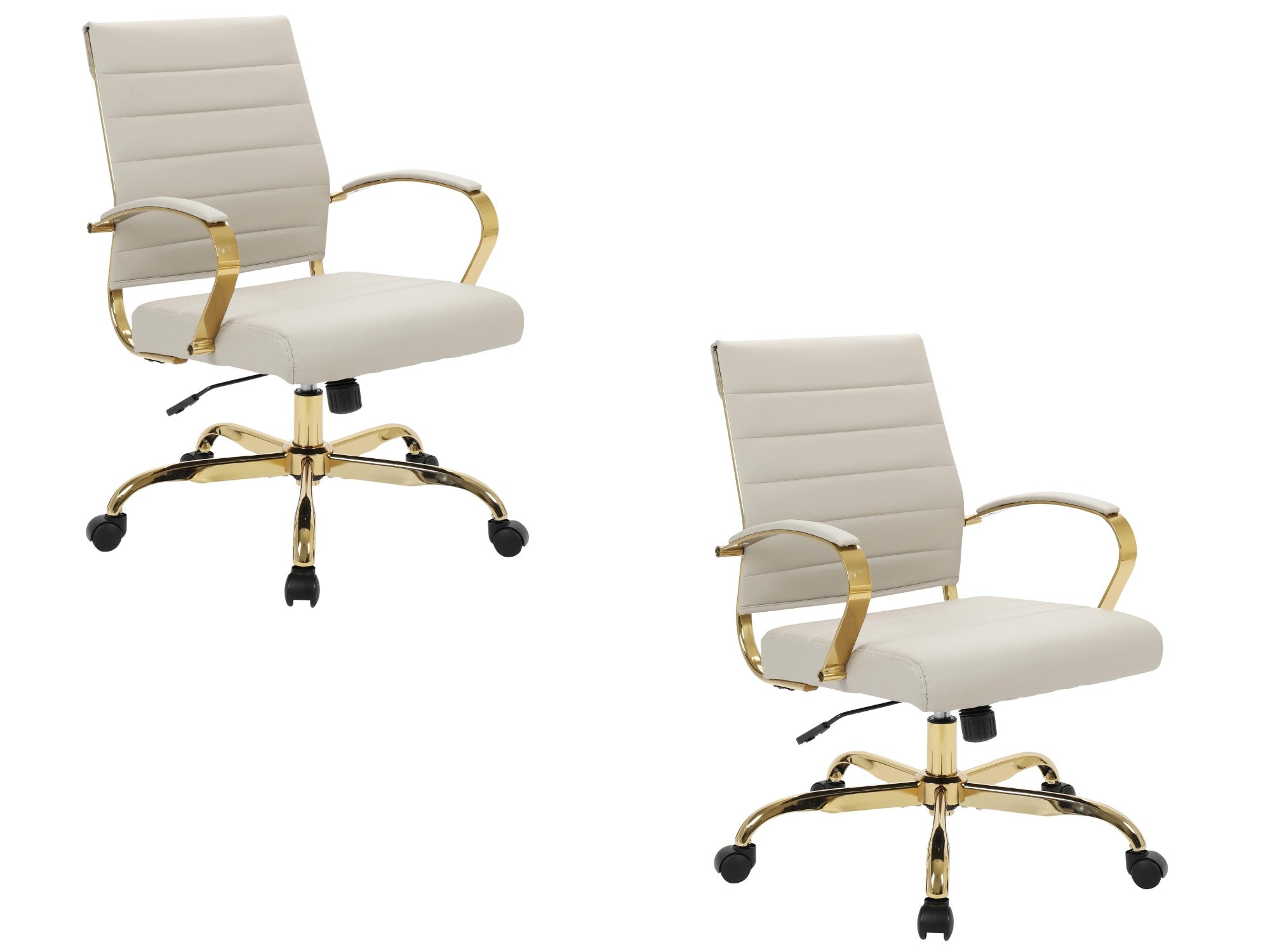 Set of 2 tan leather office chairs, gold accents, ergonomic swivel