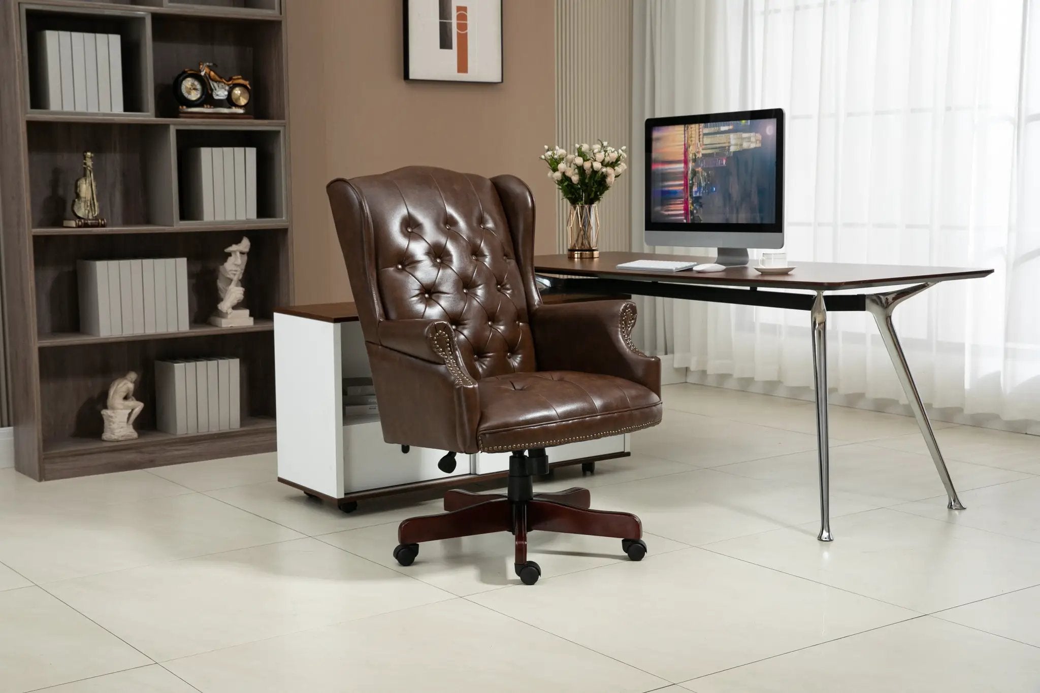 Banker Office Chair With Ergonomic Support And Plush Leather Comfort Brown