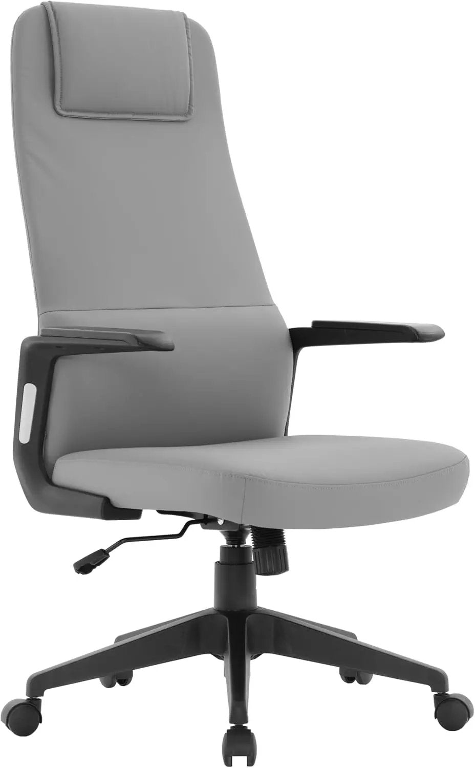 Leisuremod Ergonomic High-Back Leather Office Chair - Grey Swivel Desk Chair with Adjustable Height, Tilt, Padded Headrest & Double Wheel Casters, Comfortable for Home or Office