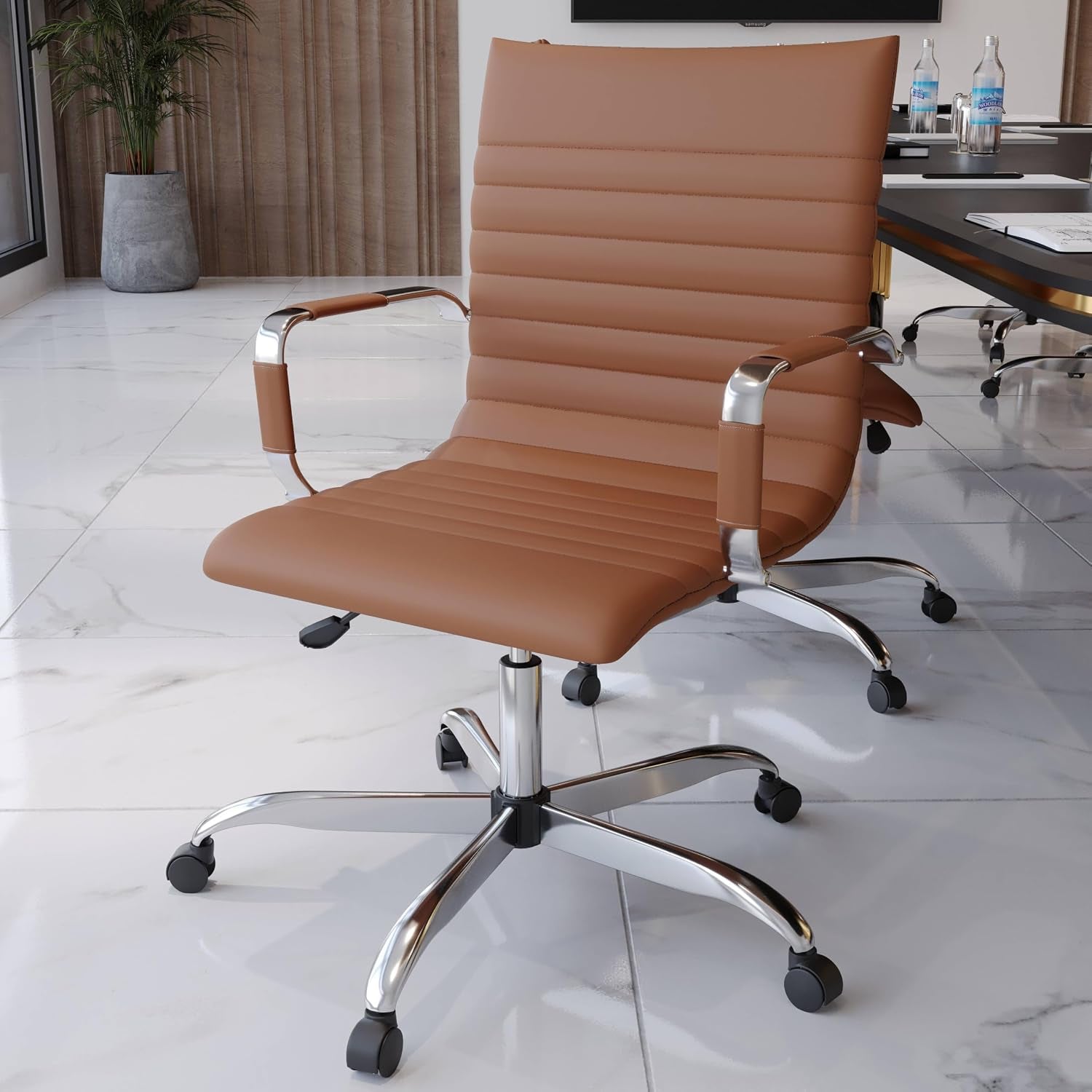 Leisuremod Ergonomic Executive Office Chair with Lumbar Support – Adjustable Leather Swivel Desk Chair, High Back Computer Chair Home & Office with Rolling Wheels & Chrome Base