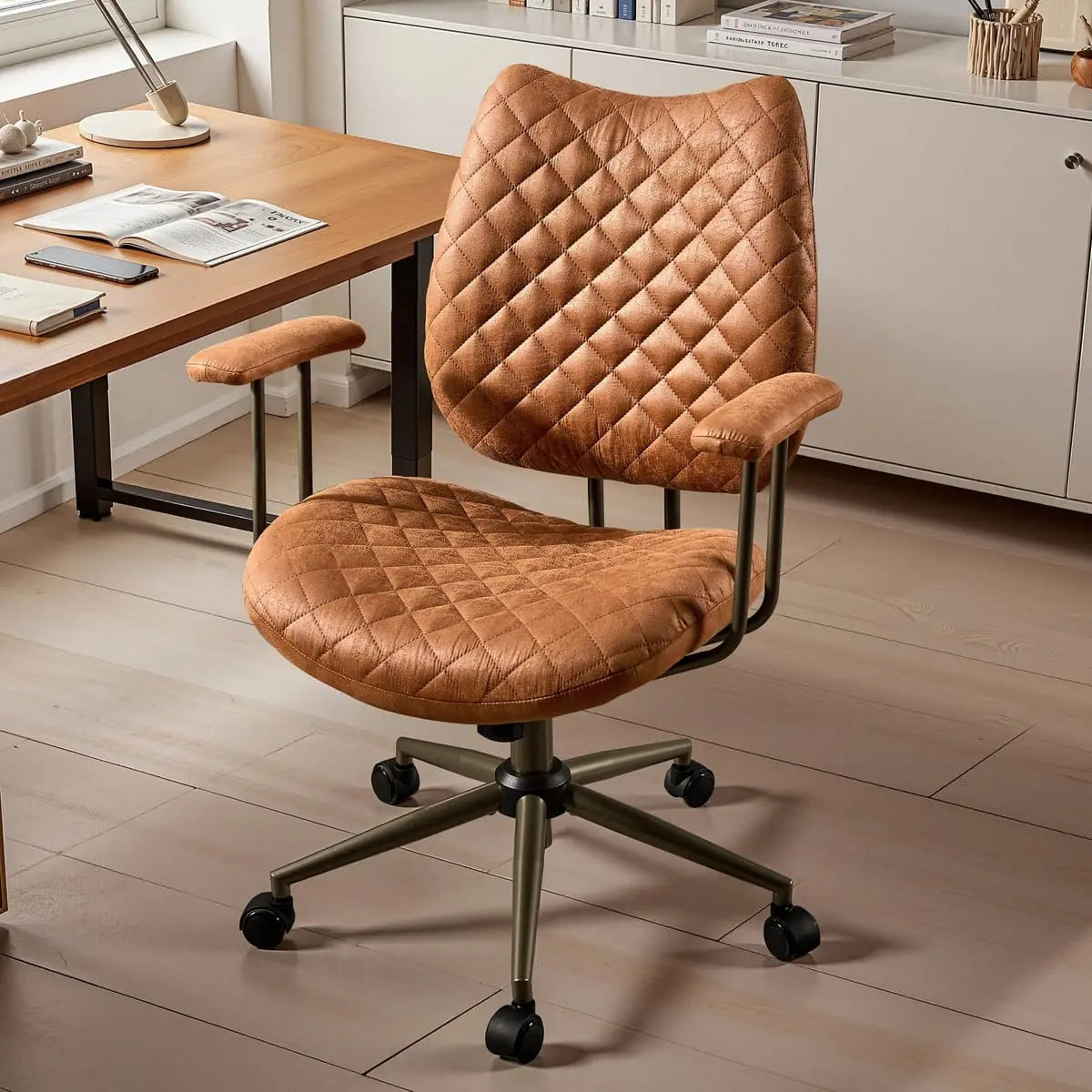 HOOOWOOO Mid-Century Leather Ergonomic Adjustable Swivel Office Chair
