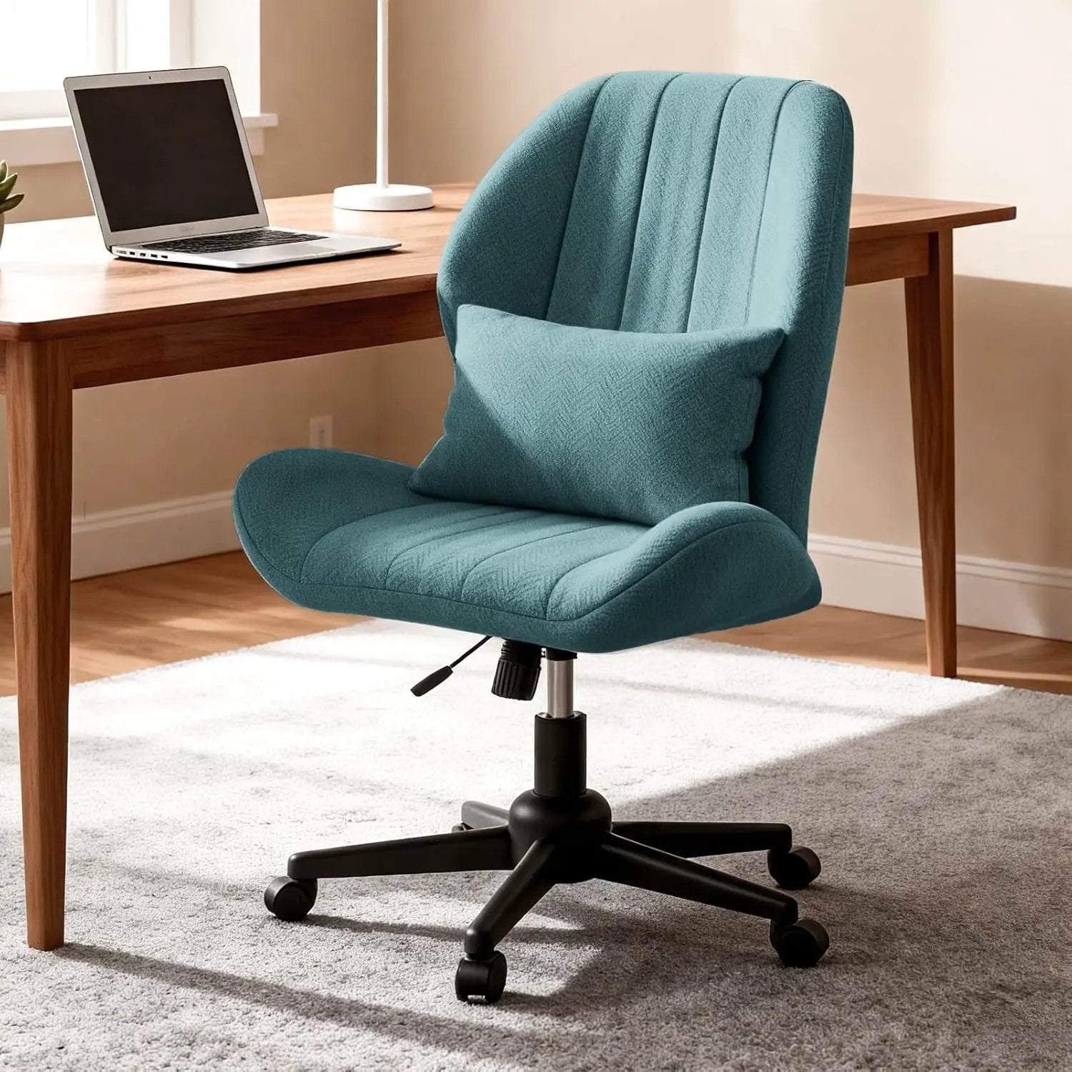 ZZW Criss Cross Chair with Wheels, Wide Cross Legged Office Chair Armless Comfy Desk Chair with Tall Back Vanity Chairs with Stress Relief Curved Design Seat for Bedroom & Office & Home Oatmeal