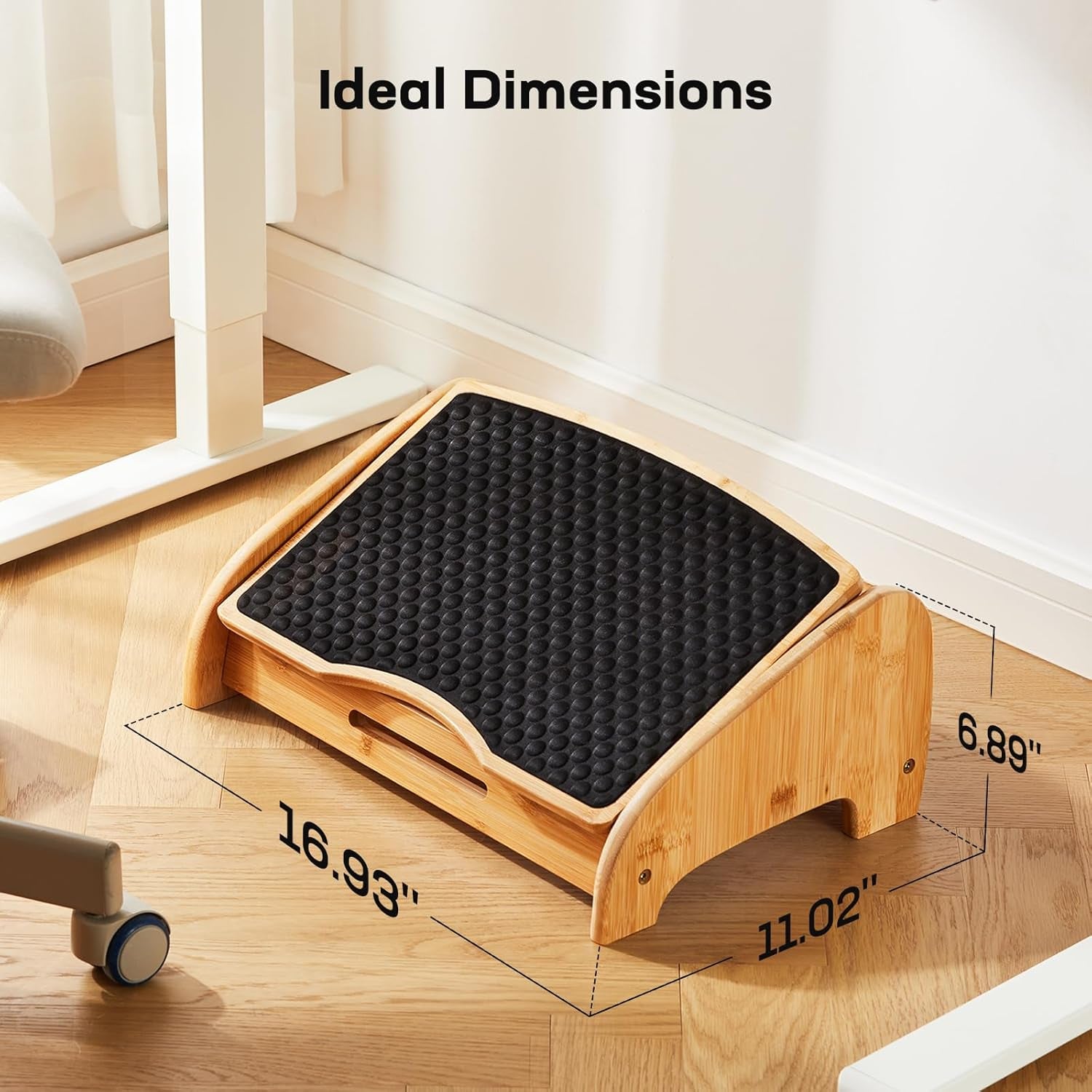 HUANUO Bamboo under Desk Footrest with 4 Heights and Massage Texture | Adjustable Angles, Non-Slip Pads, Triangular Bamboo Frame, Ergonomic Foot Rest for Home Office, Water-Resistant Surface