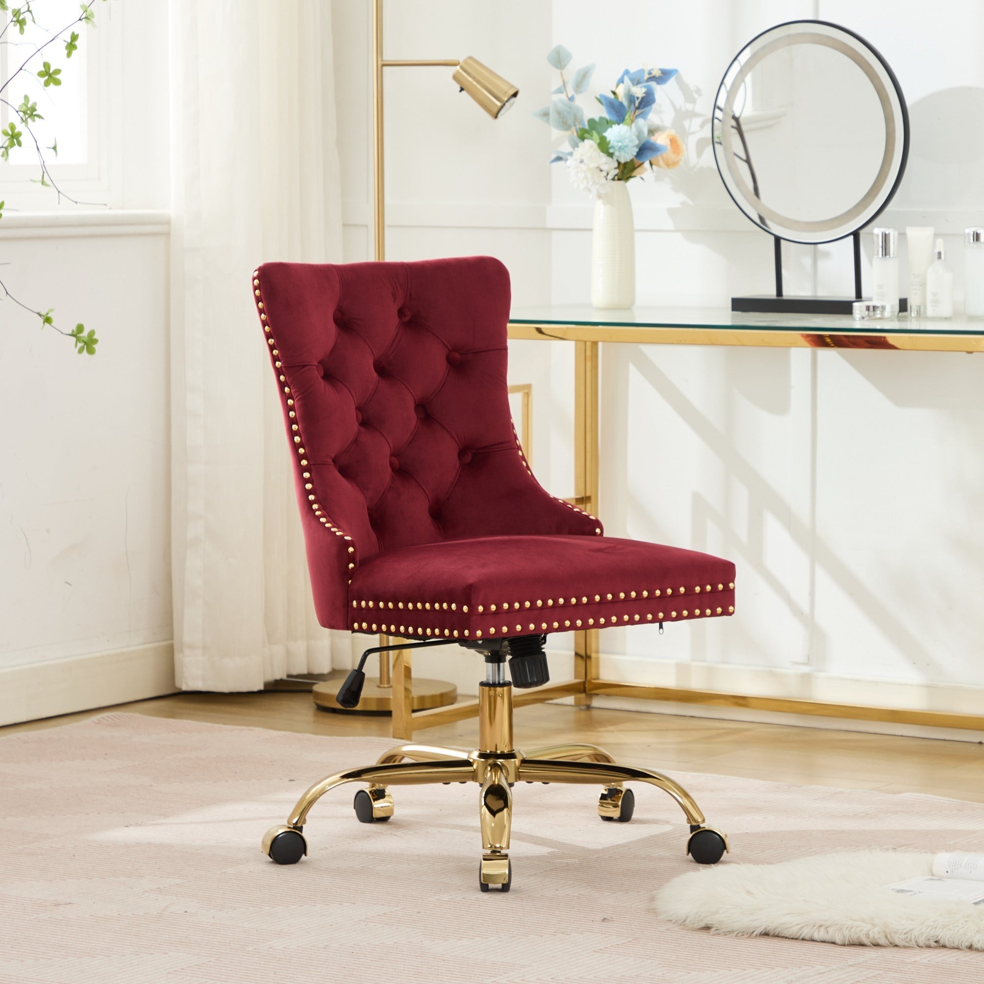 Wine Red Velvet Tufted Office Chair, A&A Furniture Classic Swivel Bedroom Chair with Golden Metal Base and Nailhead Trim - Platinum-Level Office Chairs