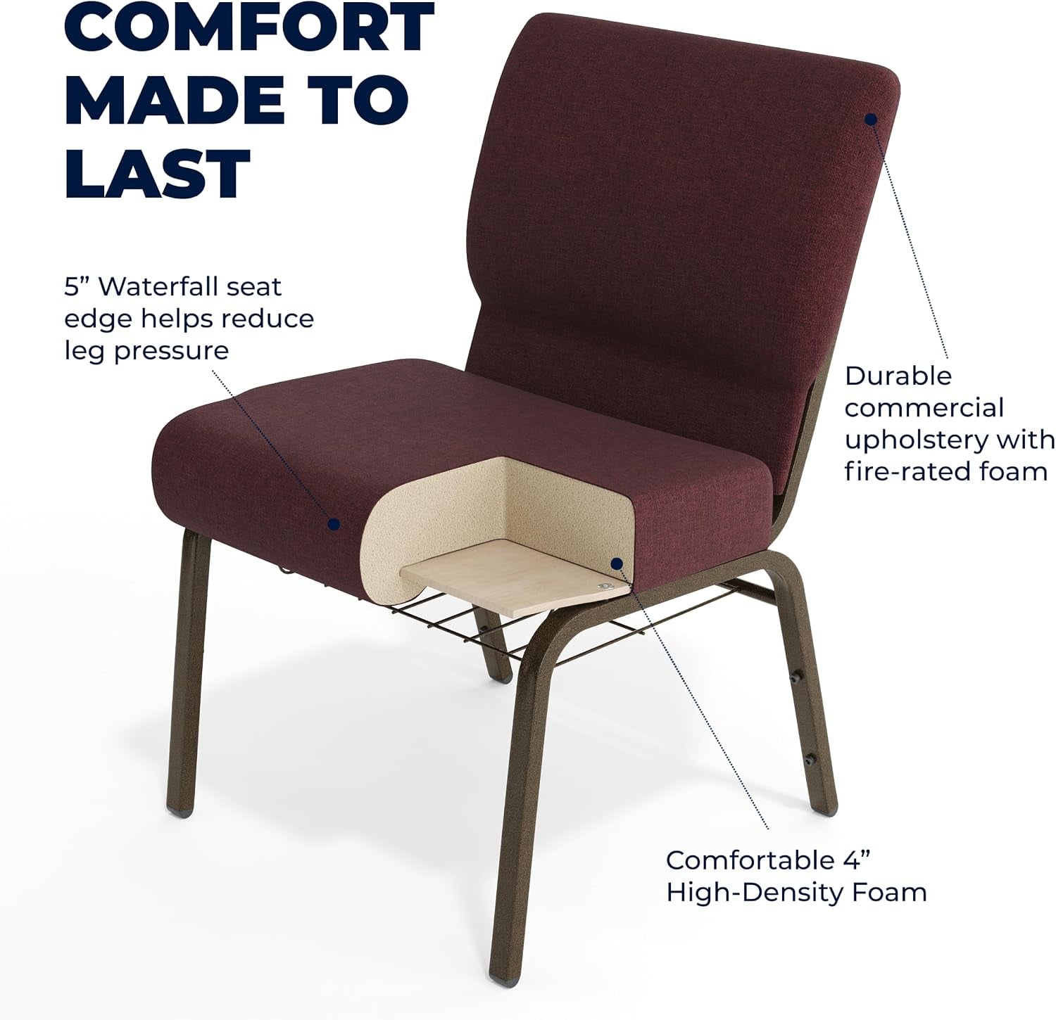 Flash Furniture HERCULES Series 21''W Church Chair in Plum Fabric with Cup Book Rack - Gold Vein Frame
