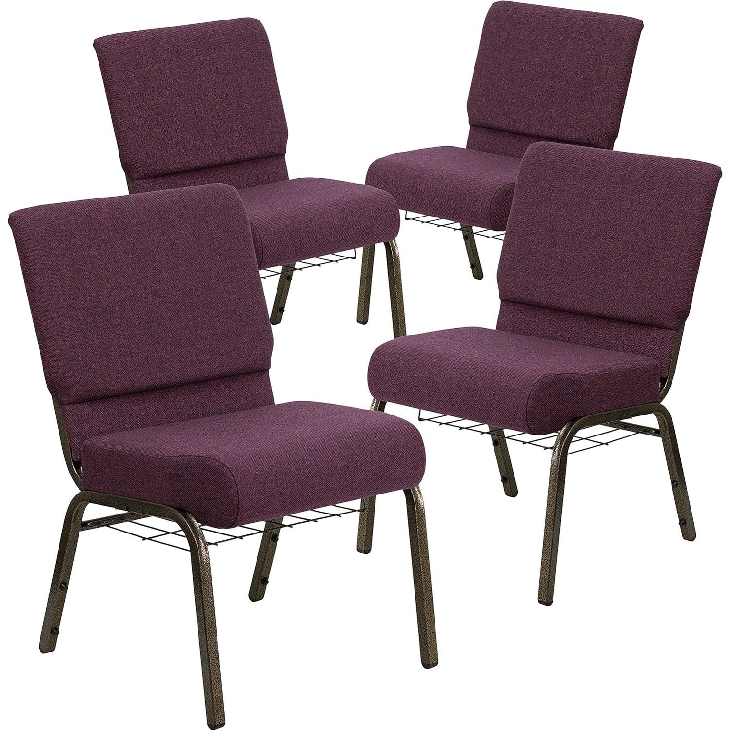 Flash Furniture 4 Pack HERCULES Series 21''W Church Chair in Plum Fabric with Cup Book Rack - Gold Vein Frame by 5 years limited.