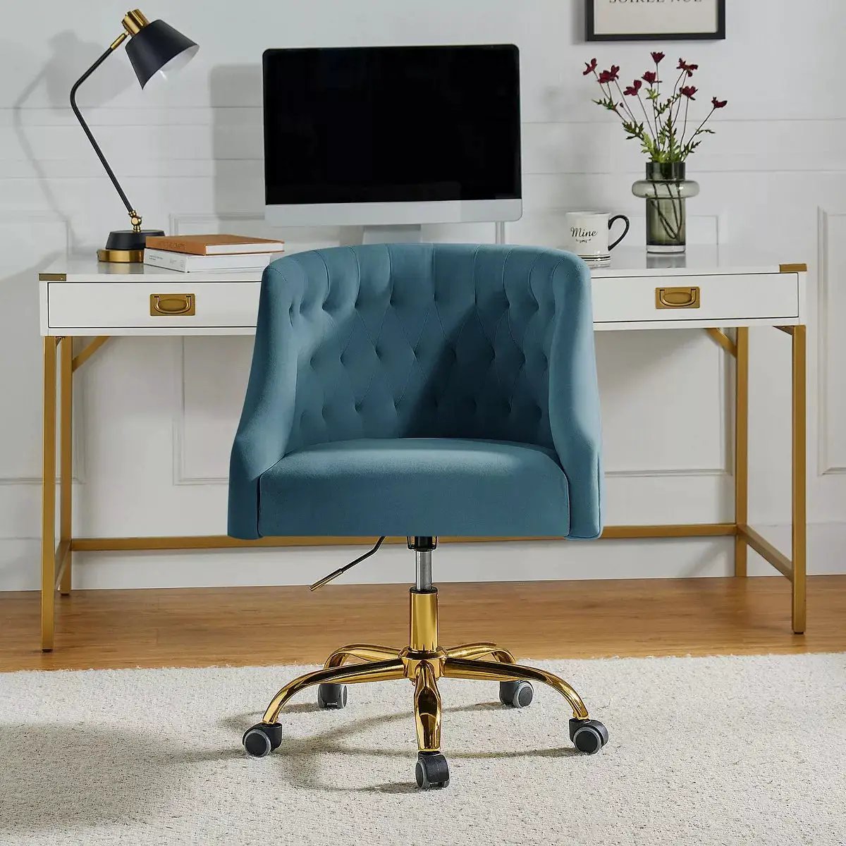 Anika Modern Velvet Height-Adjustable Swivel Task Office Chair with Button-Tufted Back and Gold Base | Karat Home