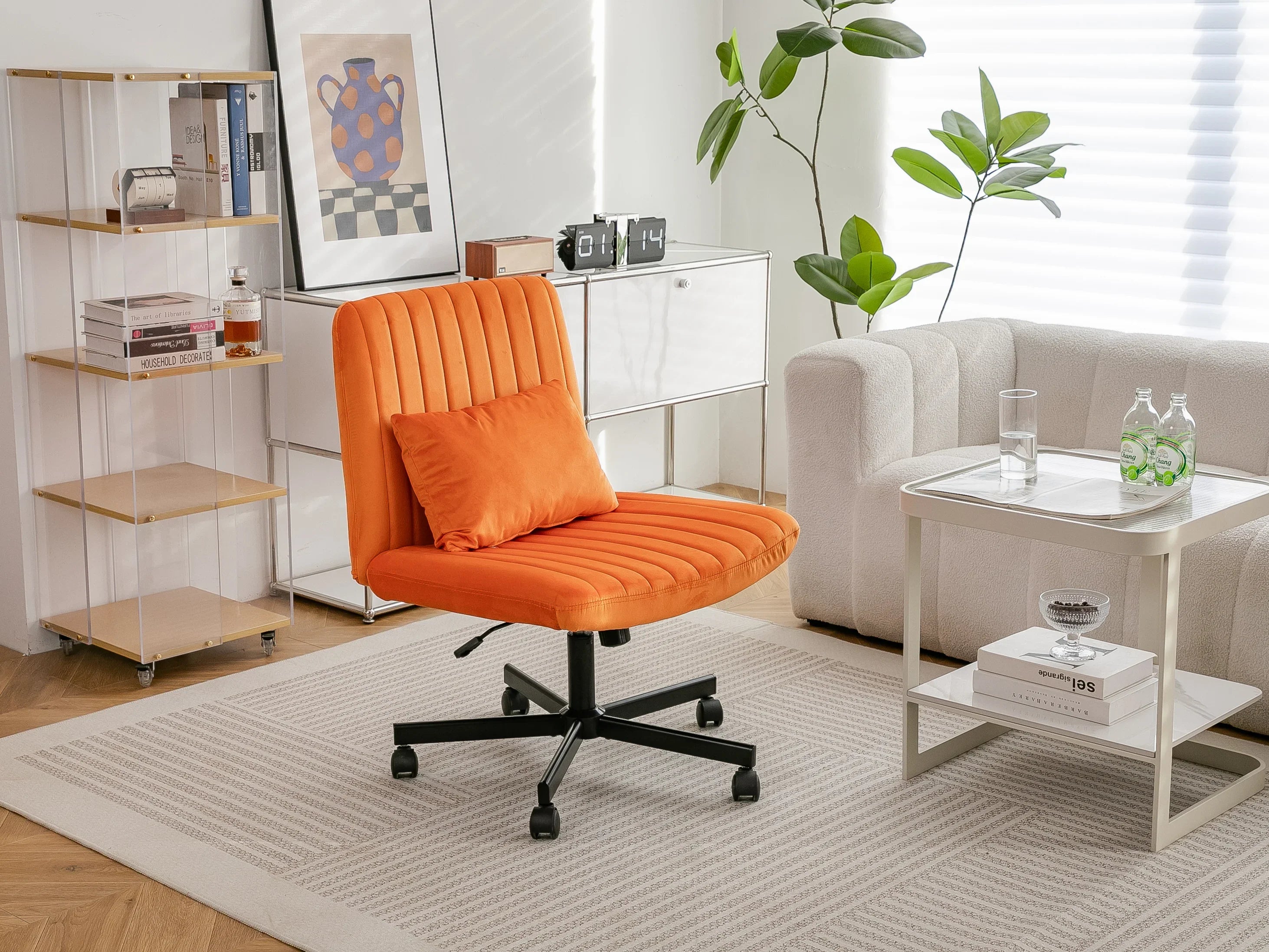 Orange Velvet Criss Cross Armless Office Chair With Wheels