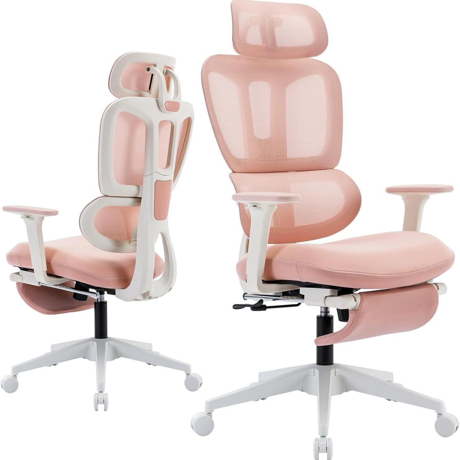 Pink Mesh Ergonomic Office Chair, Footrest, Headrest & Armrests - Platinum-Level Office Chairs