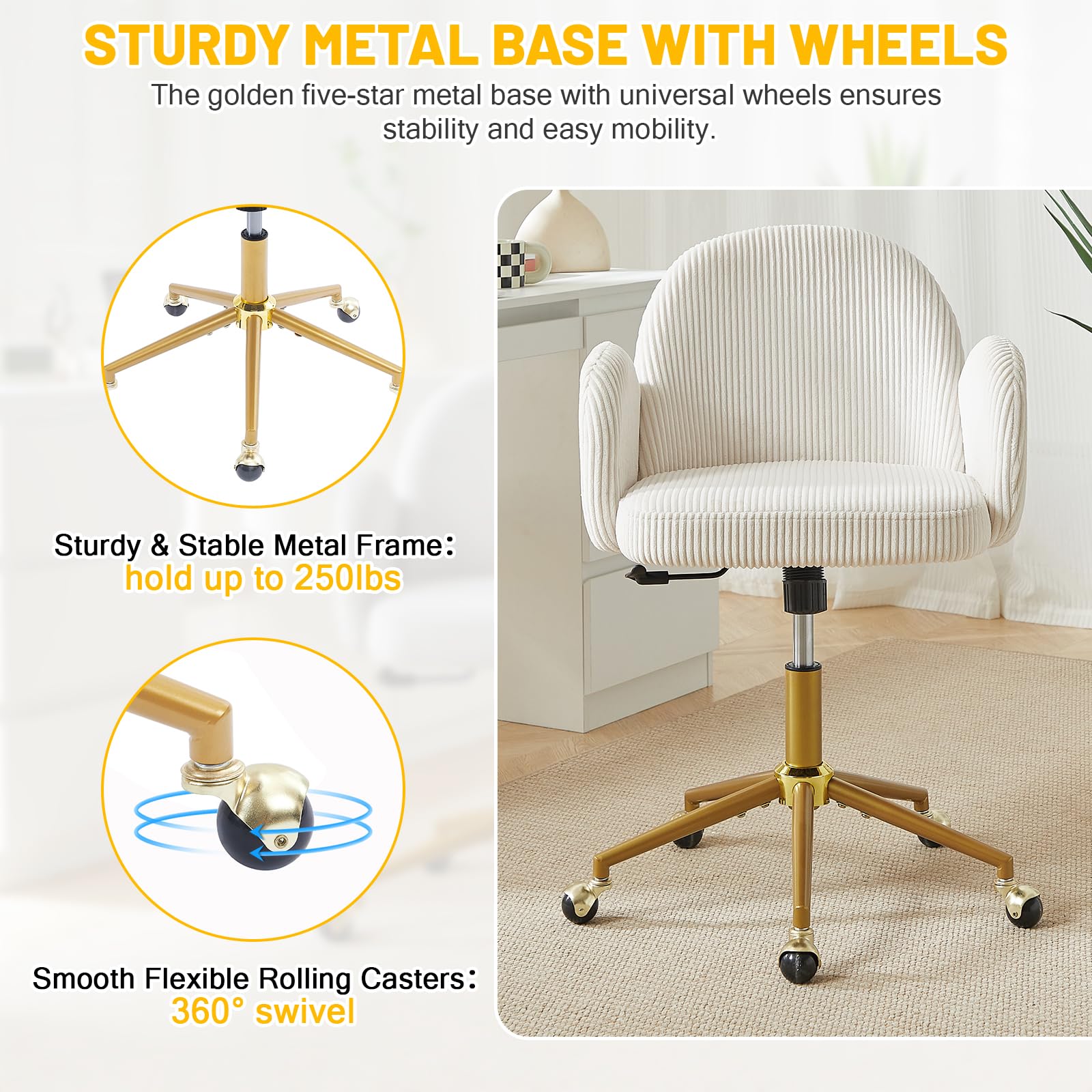 Nrizc Velvet Office Desk Chair, Upholstered Home Office Desk Chairs with Adjustable Swivel Wheels, Ergonomic Office Chair for Living Room, Bedroom, Office, Vanity Study (Beige) Platinum-Level Office Chairs