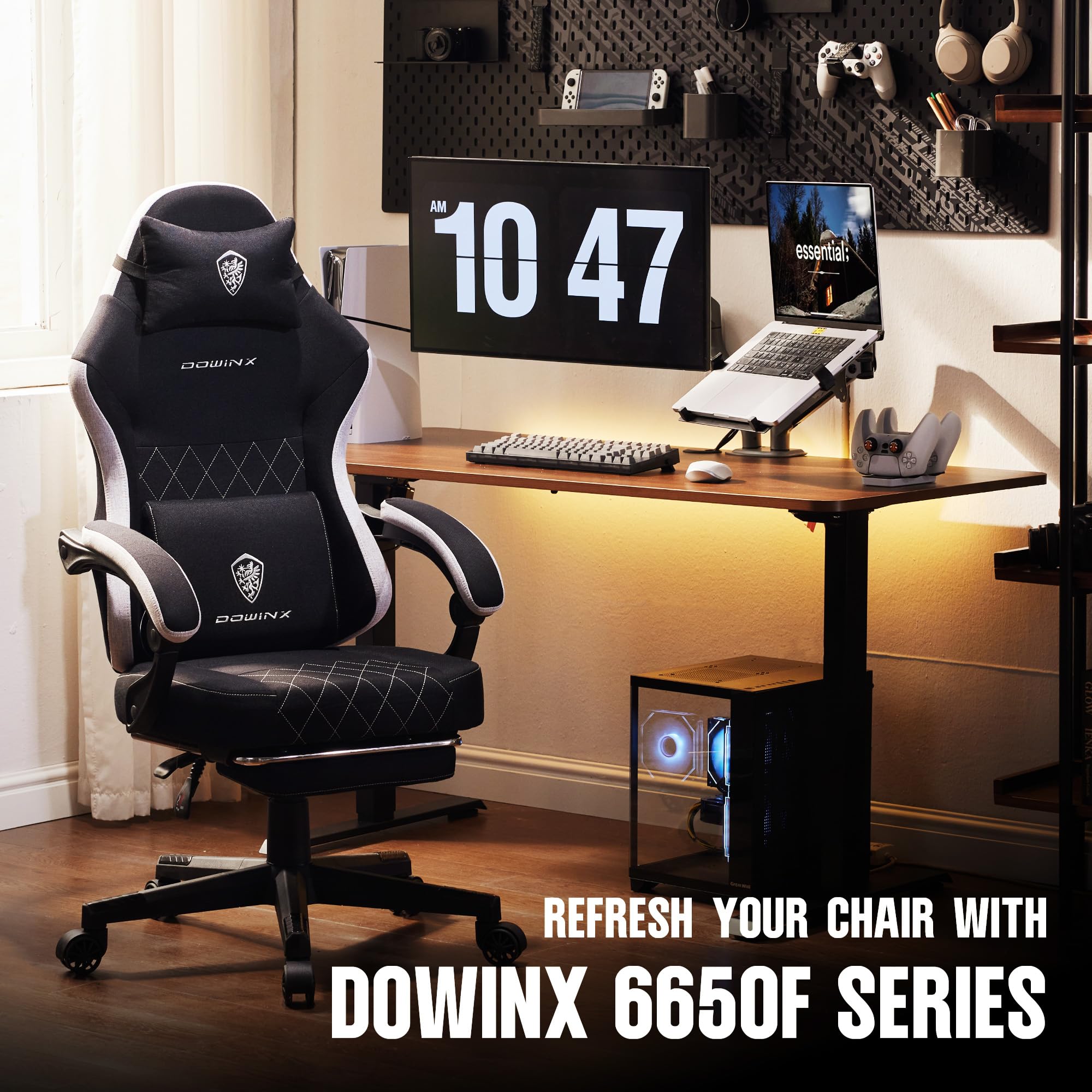 Dowinx Gaming Chair with Pocket Spring Cushion, High Back Ergonomic 360° Swivel Chair for Office Gaming, Massage Lumbar Support with Footrest for Adults, 300LBS Capacity, Beige for Office Gaming Platinum-Level Office Chairs
