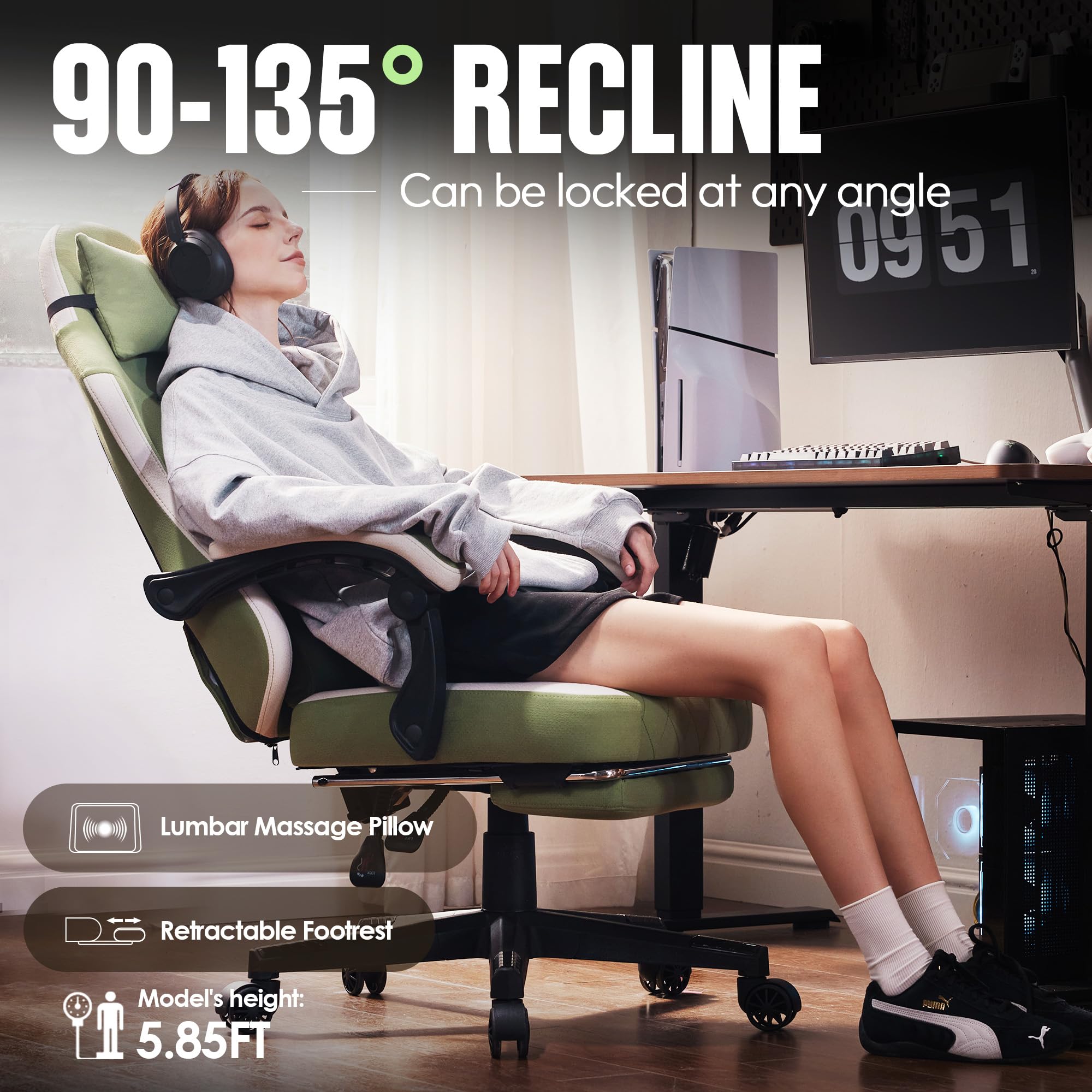 Dowinx High Back Ergonomic Gaming Chair with Massage and Footrest, Beige