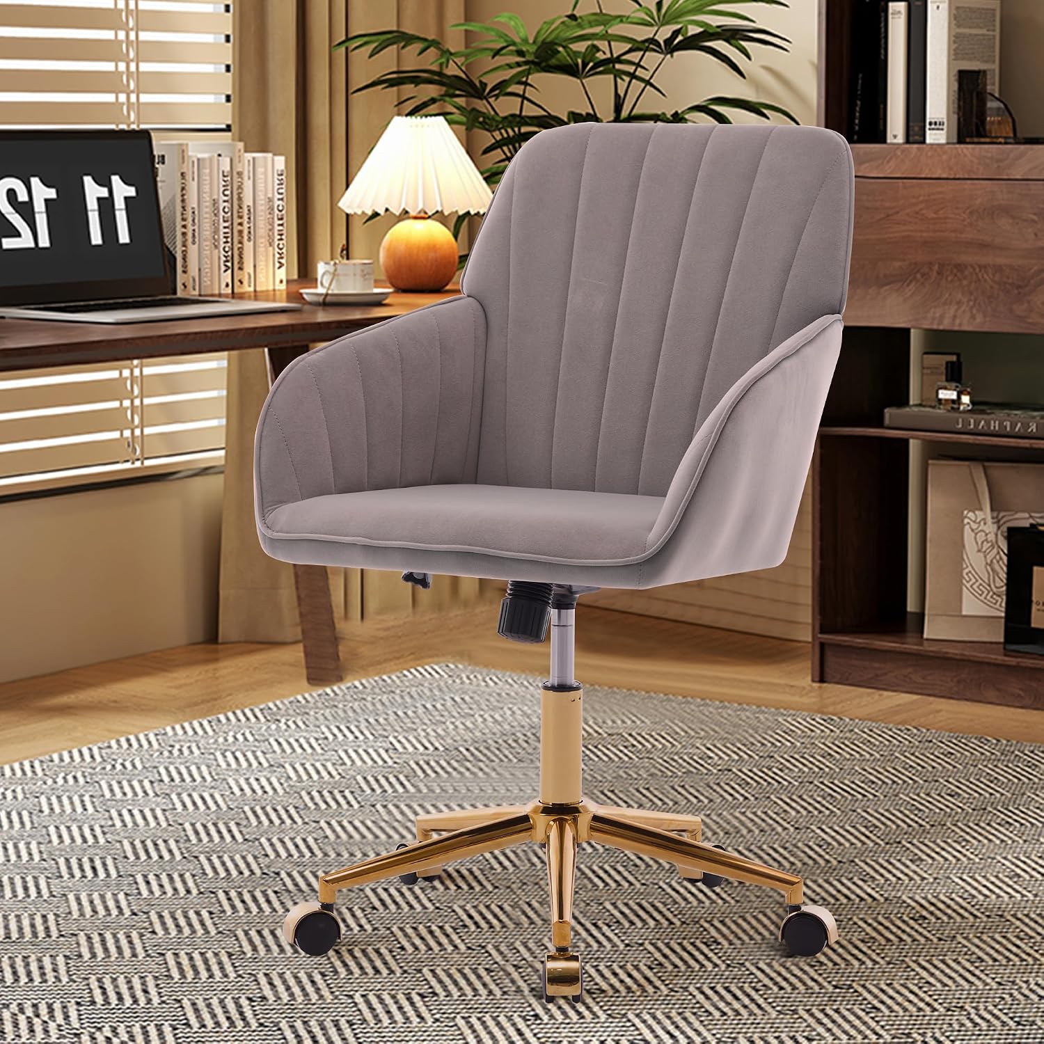 Gray Velvet Office Chair, Ergonomic Adjustable Swivel Desk Chair with Gold Base for Home Study and Long Sitting Comfort - Platinum-Level Office Chairs