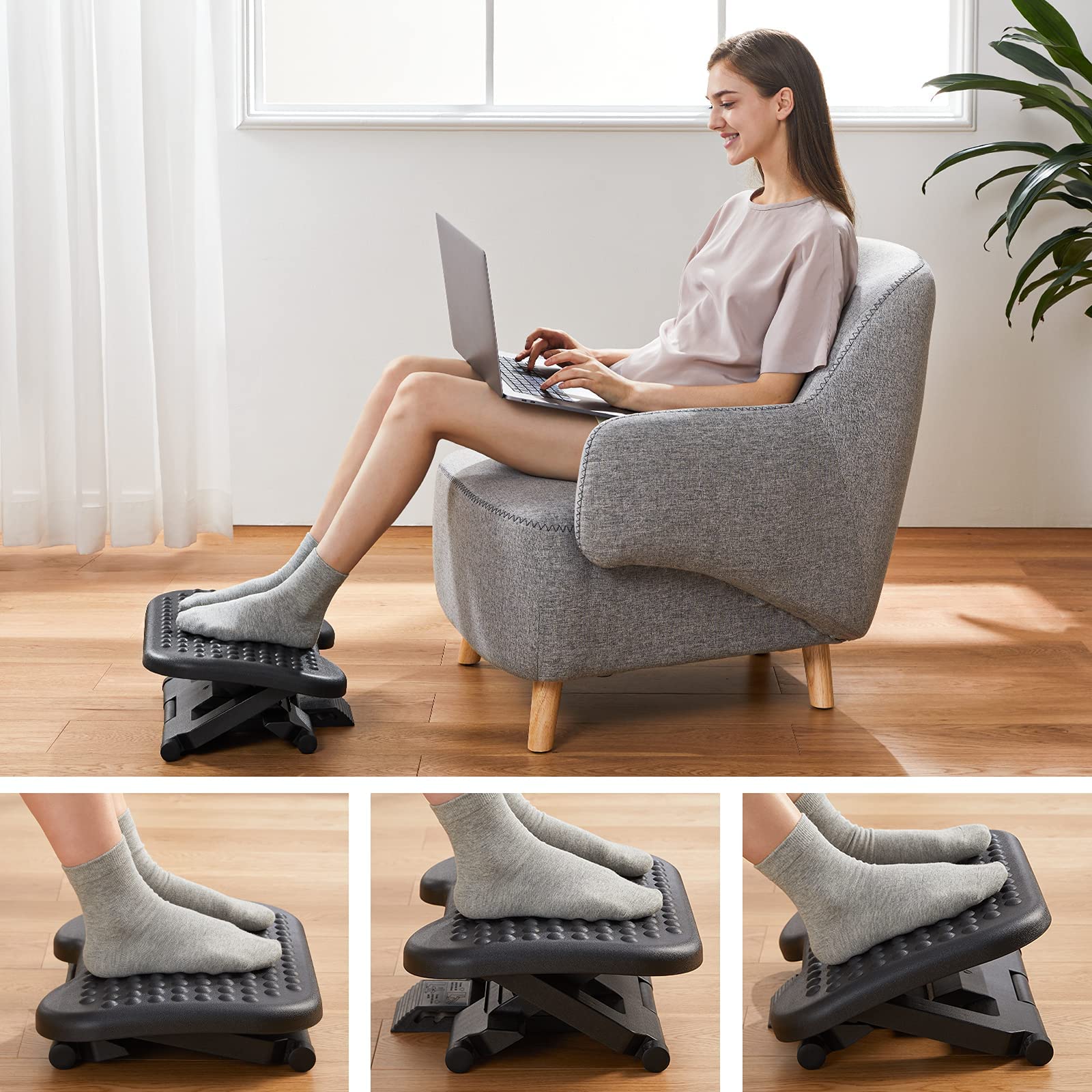 Adjustable Desk Footrest, Foot Rest for Under Desk at Work with Massage, Adjustable Foot Stool with 3 Height Position & 30 Degree Tilt Angle Adjustment for Home, Office