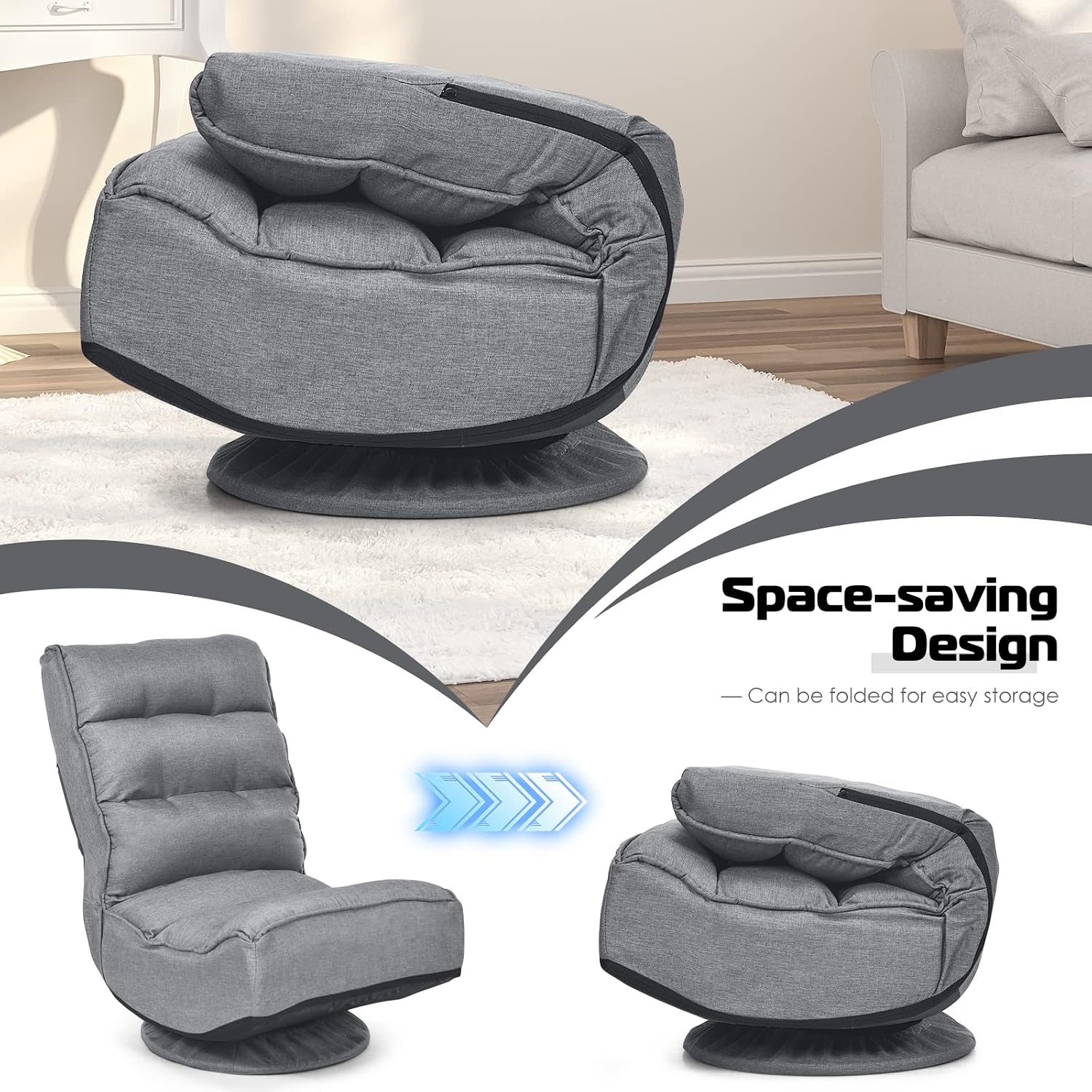 Gray Swivel 360 Degree Folding Linen Floor Gaming Chair - Platinum-Level Office Chairs