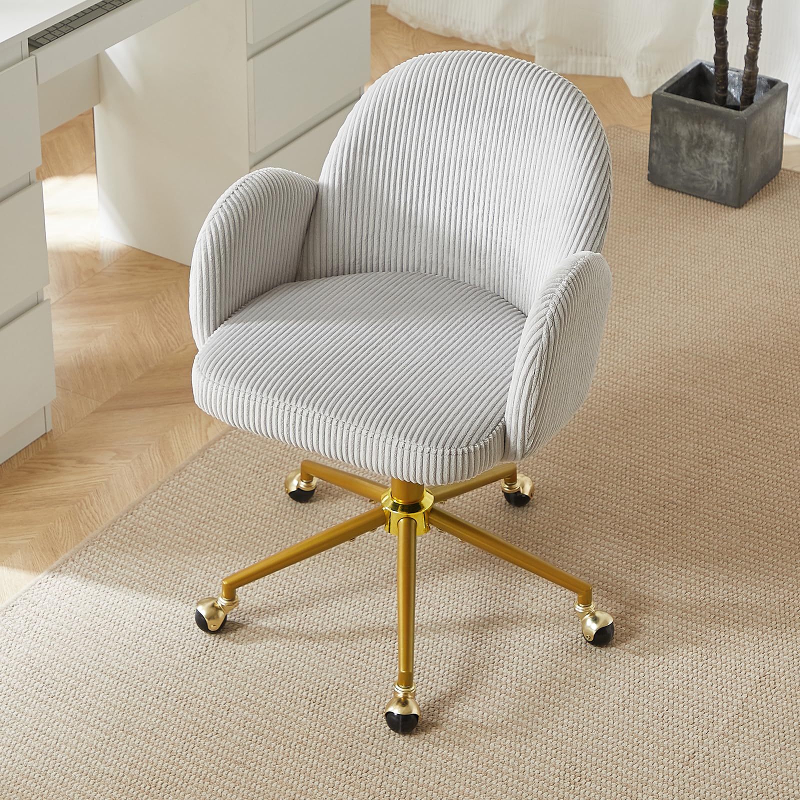 Nrizc Velvet Office Desk Chair, Upholstered Home Office Desk Chairs with Adjustable Swivel Wheels, Ergonomic Office Chair for Living Room, Bedroom, Office, Vanity Study (Beige) Platinum-Level Office Chairs