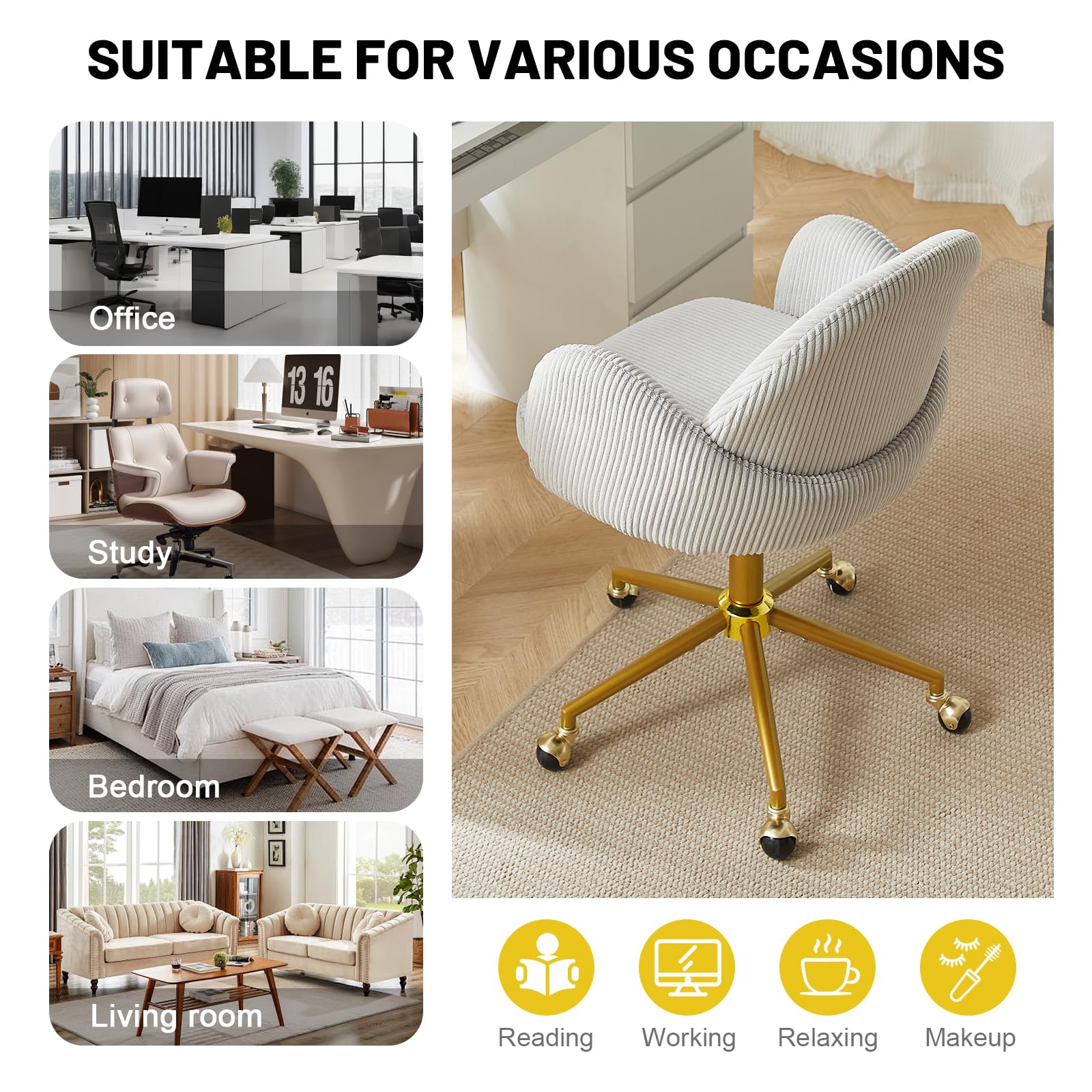 Nrizc Velvet Office Desk Chair, Upholstered Home Office Desk Chairs with Adjustable Swivel Wheels, Ergonomic Office Chair for Living Room, Bedroom, Office, Vanity Study (Beige) Platinum-Level Office Chairs