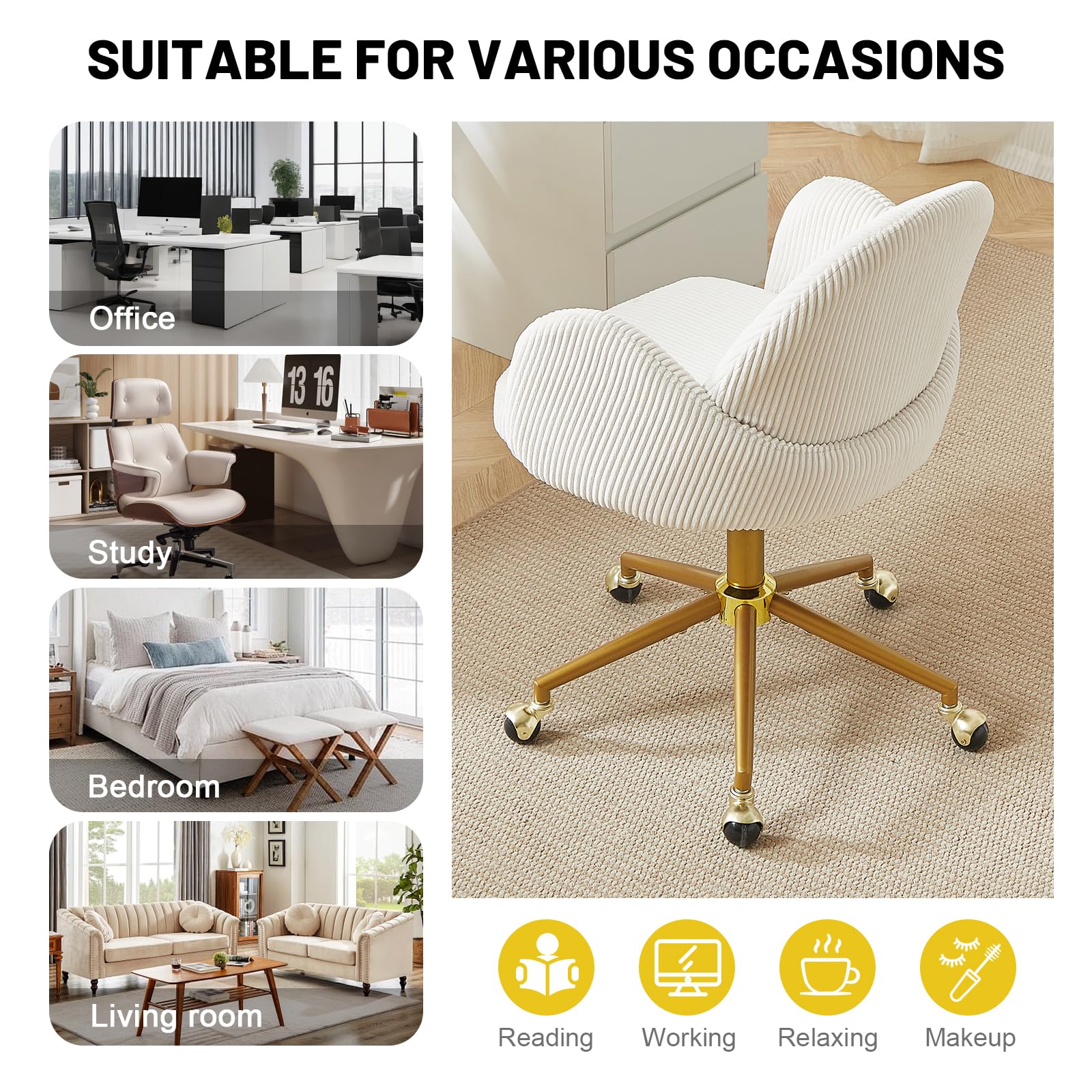 Nrizc Velvet Office Desk Chair, Upholstered Home Office Desk Chairs with Adjustable Swivel Wheels, Ergonomic Office Chair for Living Room, Bedroom, Office, Vanity Study (Beige) Platinum-Level Office Chairs