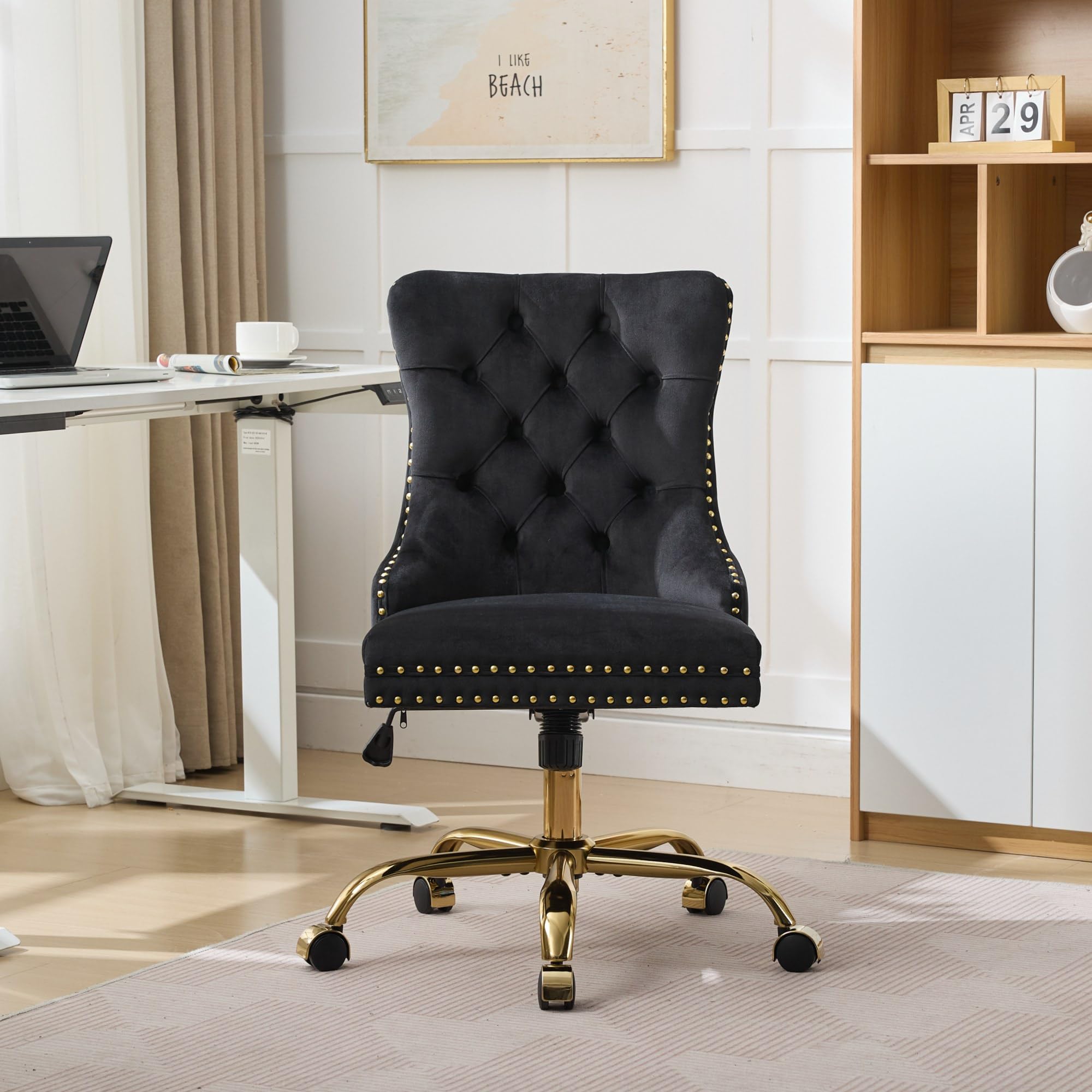 Black Armless Home Office Desk Chair with Wheels, Velvet Swivel Vanity Chair with High Back & Gold Base Adjustable Comfy Upholstered Rolling Task Chairs for Living Room Makeup Room Study (Black) Platinum-Level Office Chairs