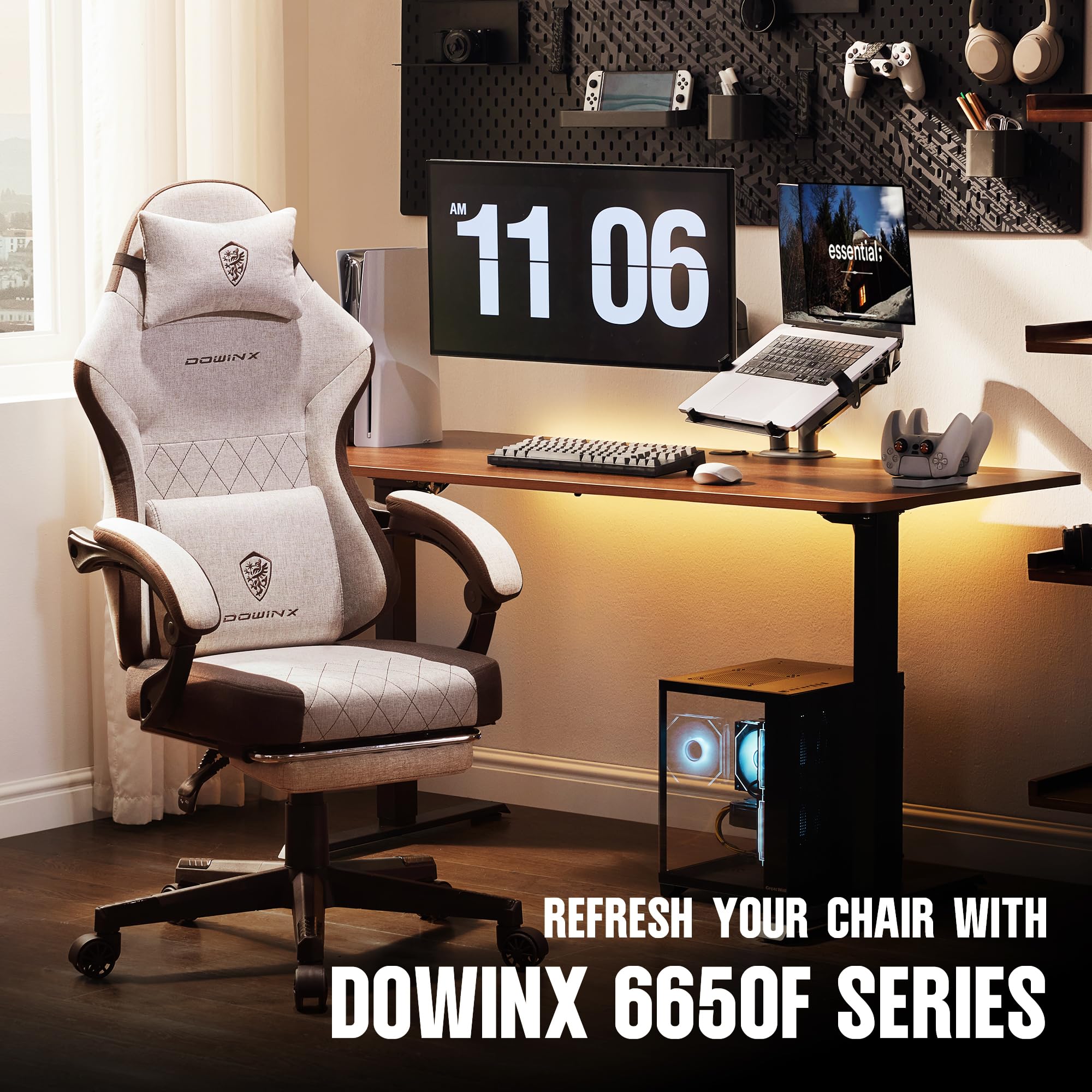 Dowinx High Back Ergonomic Gaming Chair with Massage and Footrest, Beige