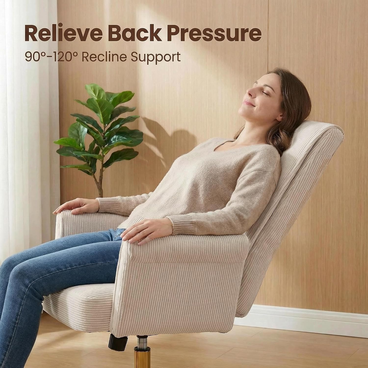 White Corduroy Office Chair With Gold Base Luxury Ergonomic Comfort For Home Office Platinum Level Office Chairs - Platinum-Level Office Chairs