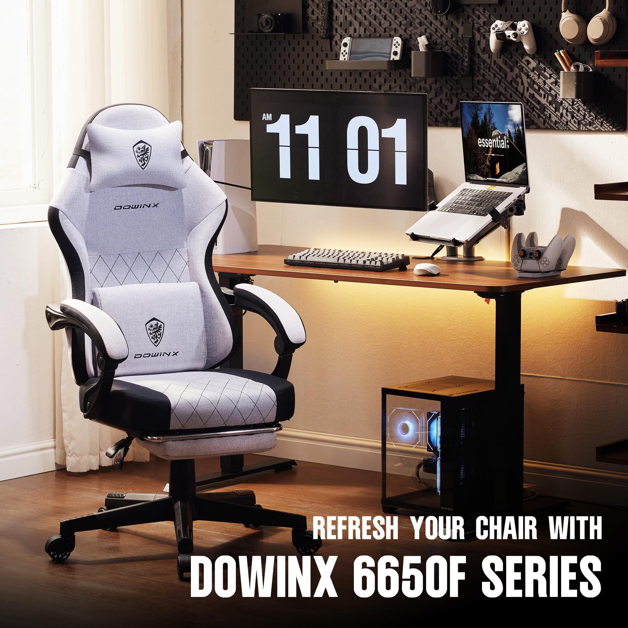 Dowinx Gaming Chair with Pocket Spring Cushion, High Back Ergonomic 360° Swivel Chair for Office Gaming, Massage Lumbar Support with Footrest for Adults, 300LBS Capacity, Beige for Office Gaming Platinum-Level Office Chairs