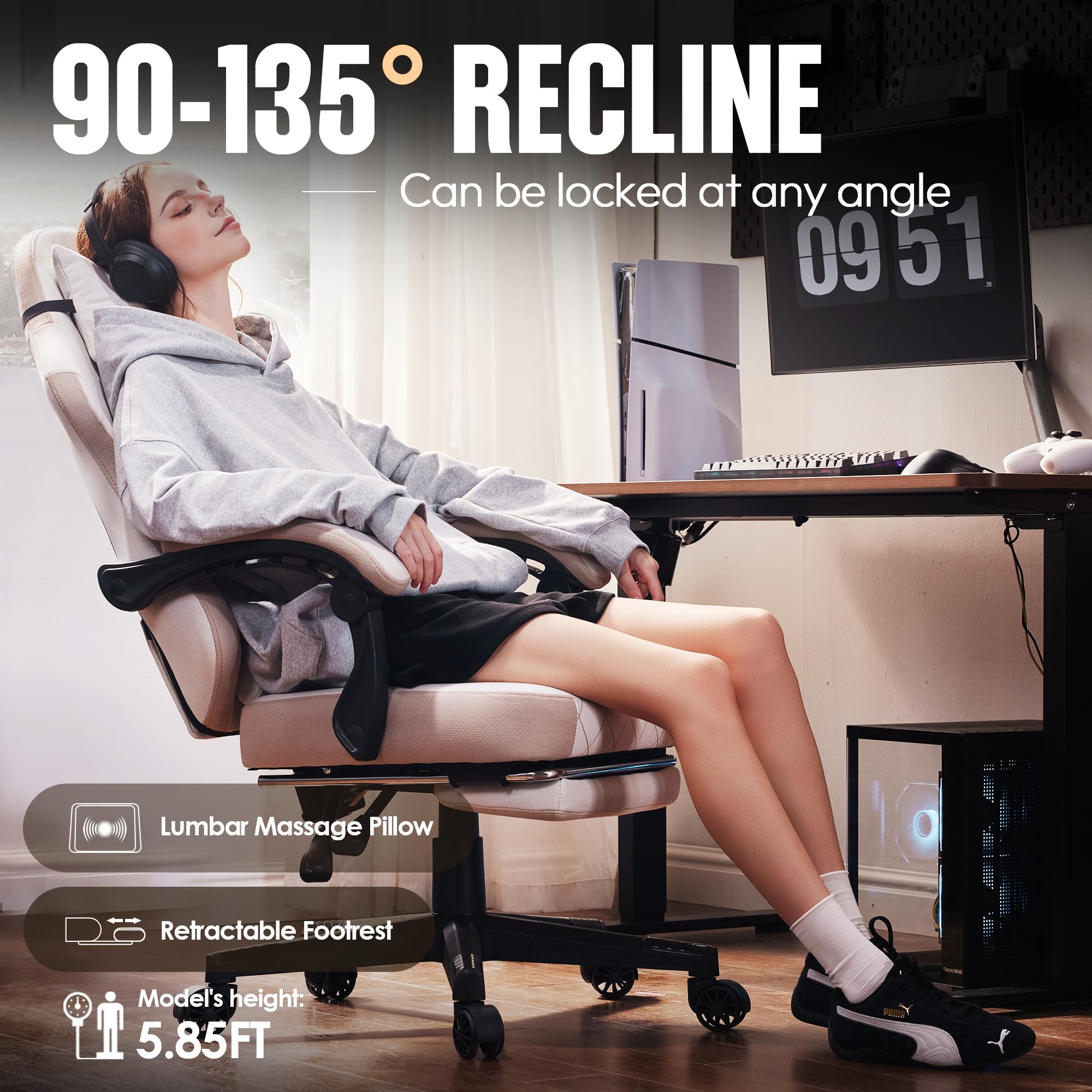 Dowinx Gaming Chair with Pocket Spring Cushion, High Back Ergonomic 360° Swivel Chair for Office Gaming, Massage Lumbar Support with Footrest for Adults, 300LBS Capacity, Beige for Office Gaming Platinum-Level Office Chairs