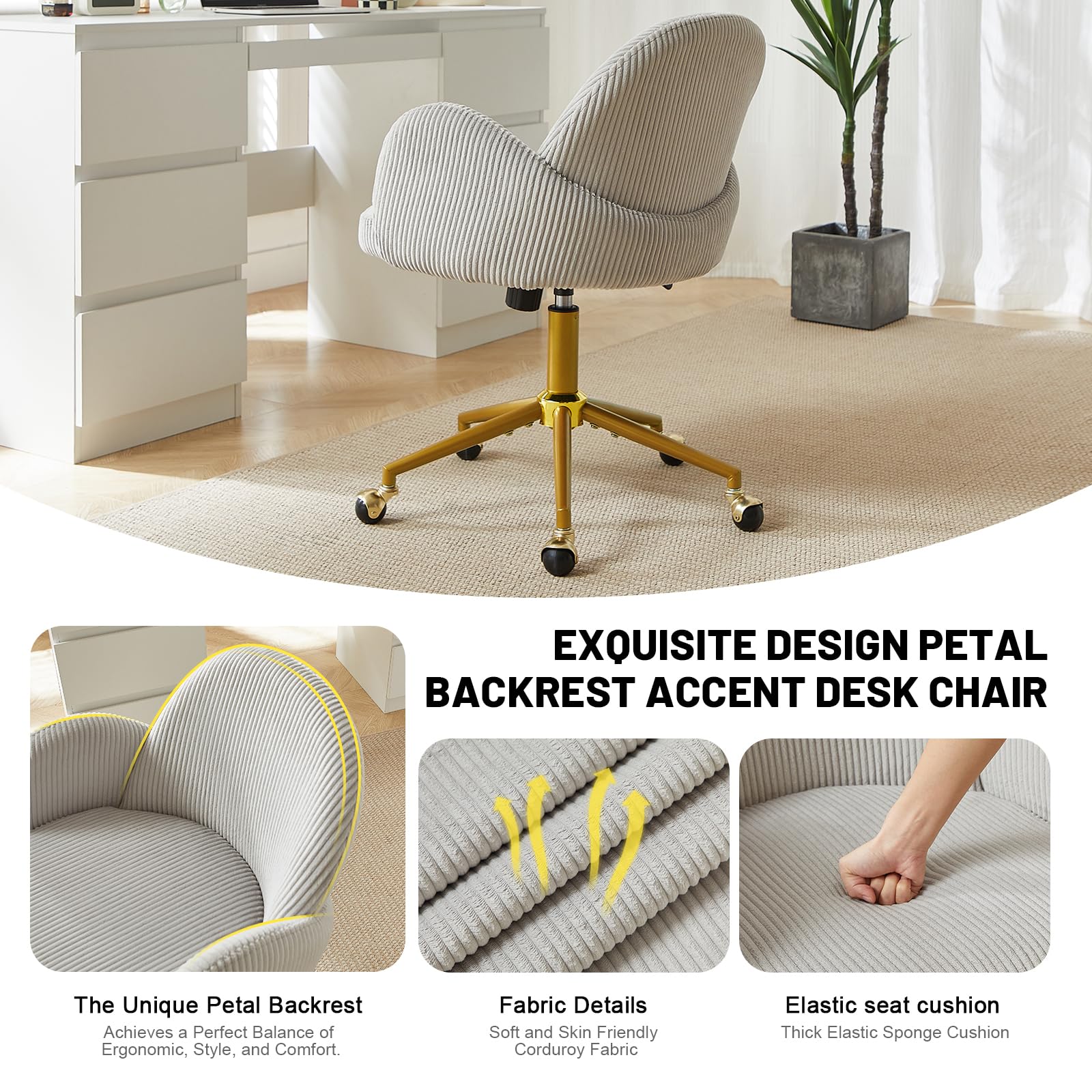 Nrizc Velvet Office Desk Chair, Upholstered Home Office Desk Chairs with Adjustable Swivel Wheels, Ergonomic Office Chair for Living Room, Bedroom, Office, Vanity Study (Beige) Platinum-Level Office Chairs