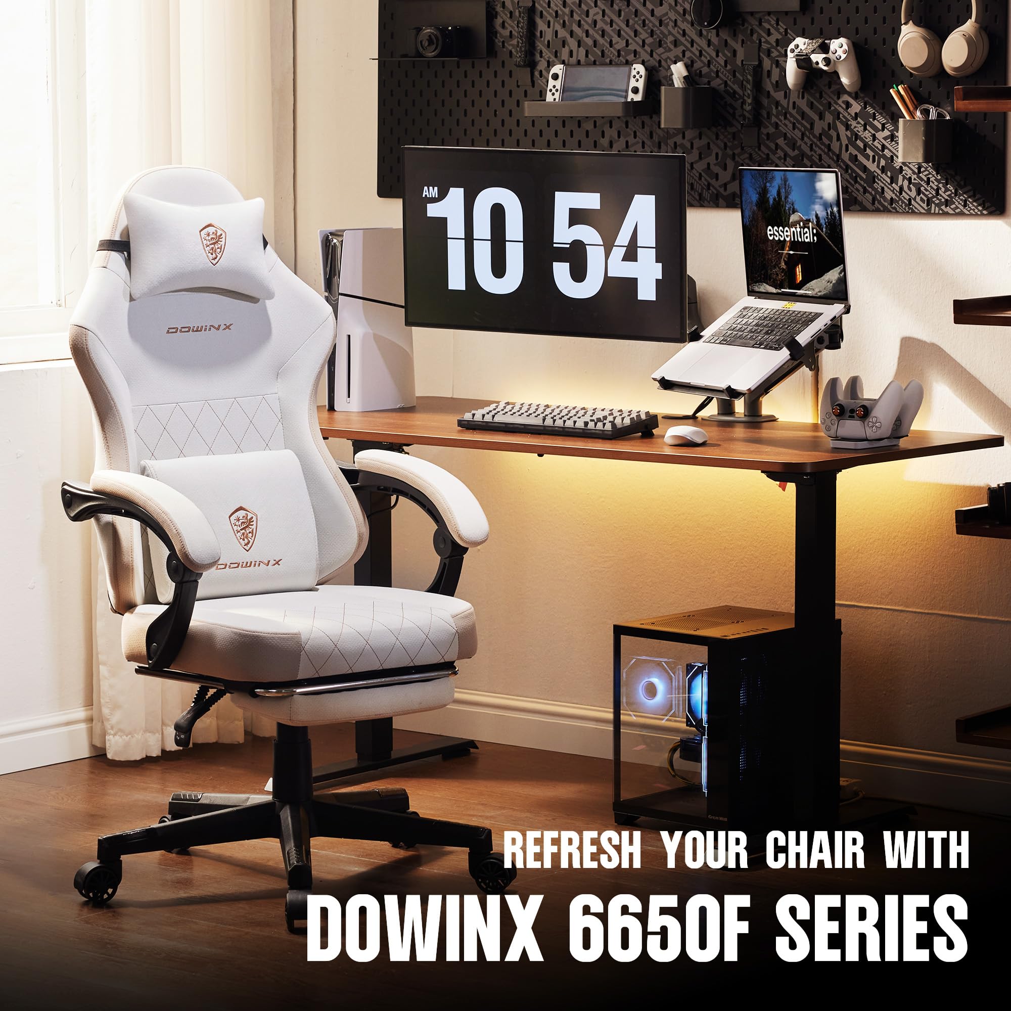 Dowinx Gaming Chair with Pocket Spring Cushion, High Back Ergonomic 360° Swivel Chair for Office Gaming, Massage Lumbar Support with Footrest for Adults, 300LBS Capacity, Beige for Office Gaming Platinum-Level Office Chairs