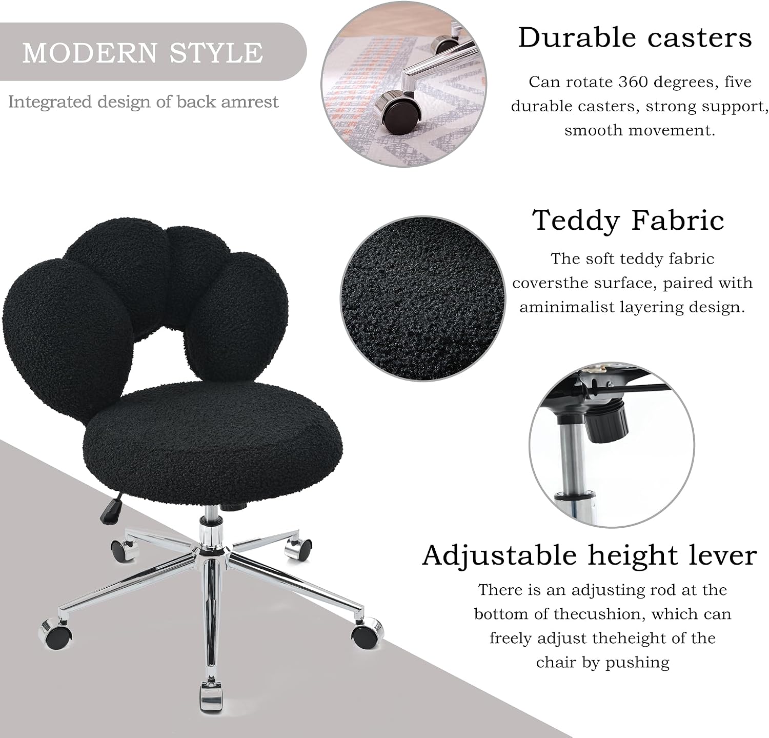 Black teddy fabric swivel vanity chair – view 5