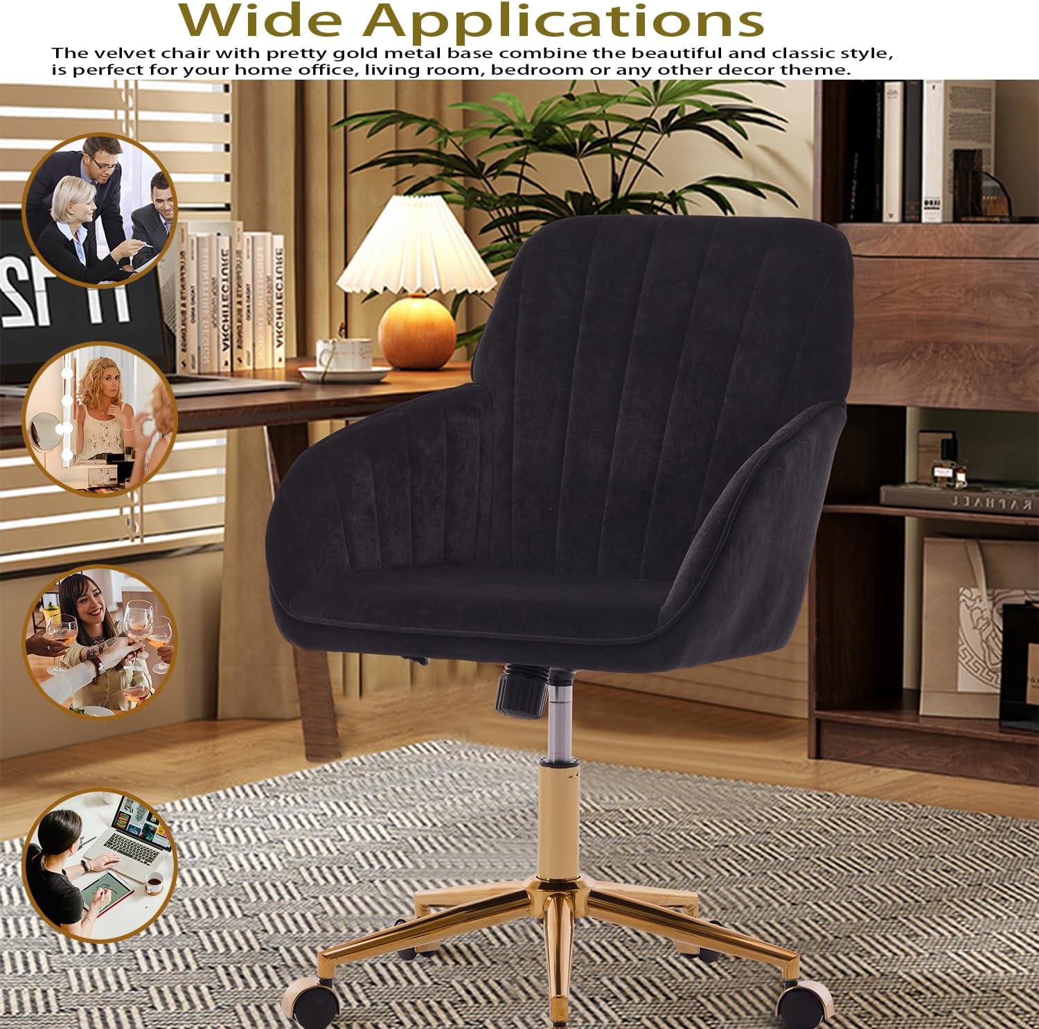 TY Adjustable Ergonomic Chair, Black Velvet, Gold Base