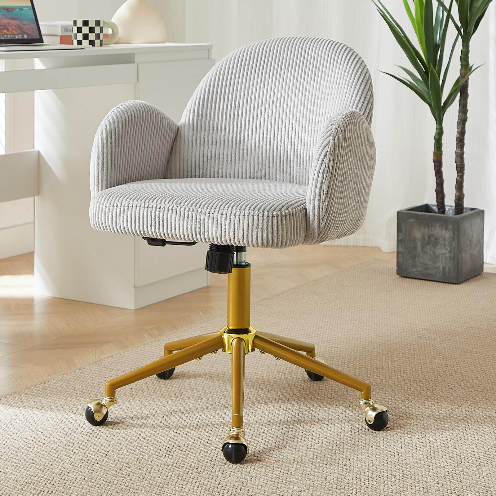 Nrizc Velvet Office Desk Chair, Upholstered Home Office Desk Chairs with Adjustable Swivel Wheels, Ergonomic Office Chair for Living Room, Bedroom, Office, Vanity Study (Beige) Platinum-Level Office Chairs