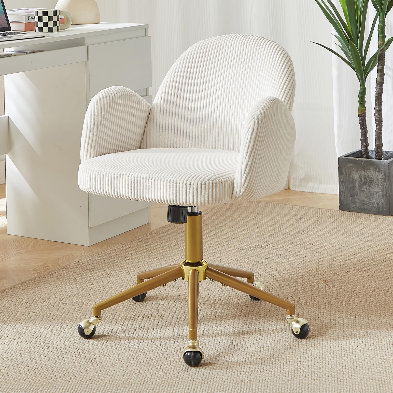 Nrizc Velvet Office Desk Chair, Upholstered Home Office Desk Chairs with Adjustable Swivel Wheels, Ergonomic Office Chair for Living Room, Bedroom, Office, Vanity Study (Beige) Platinum-Level Office Chairs