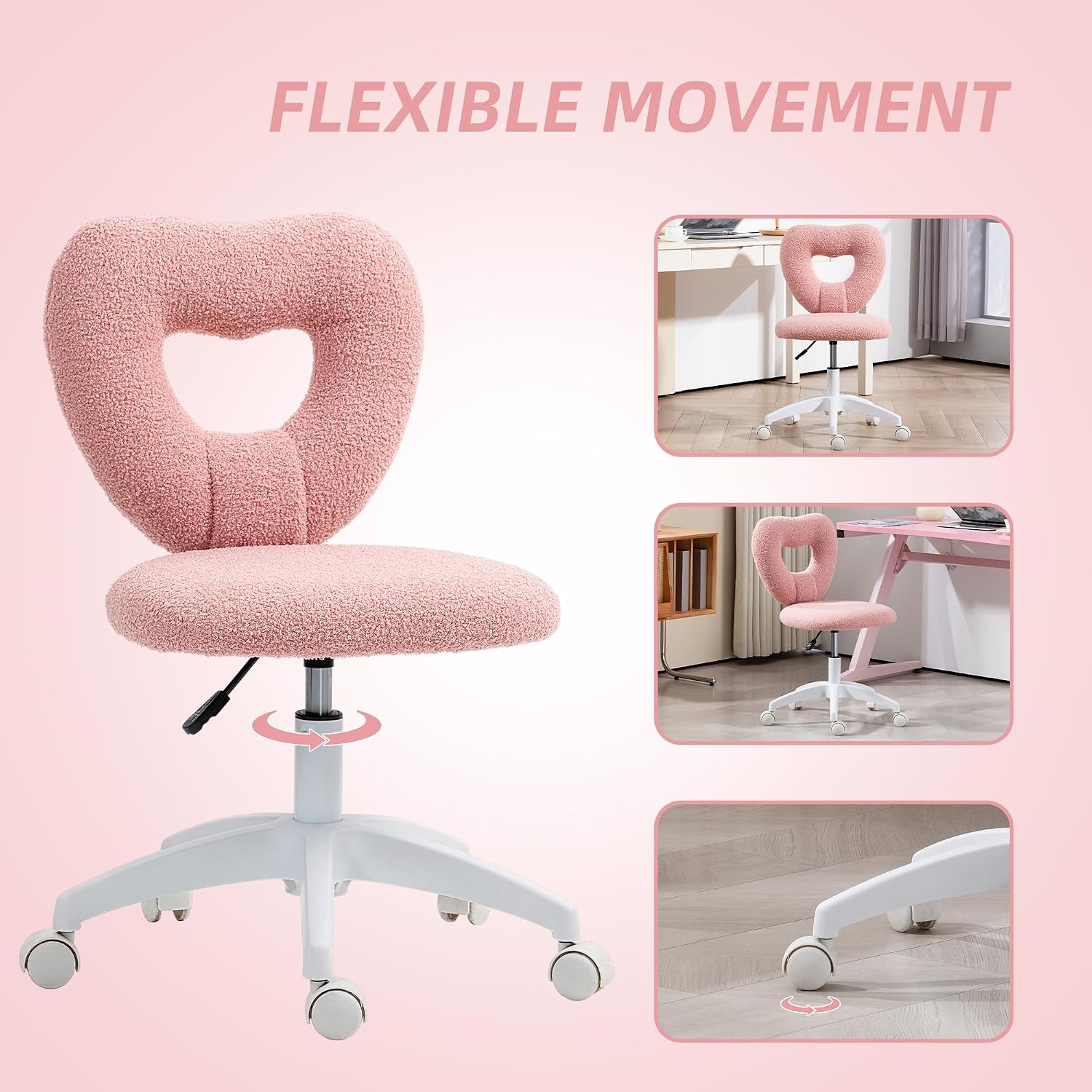 Heart Shaped Office Chair, Swivel Task Chair with Wheels, Pink