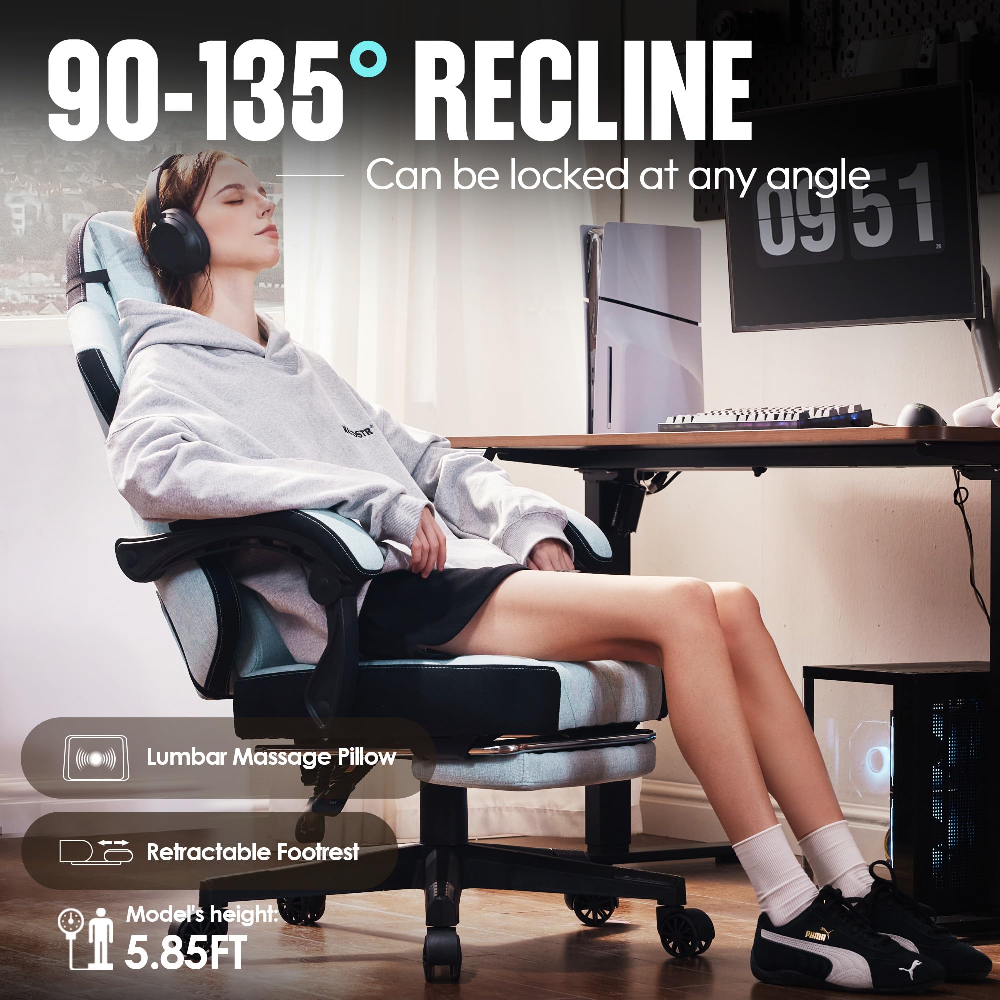 Dowinx High Back Ergonomic Gaming Chair with Massage and Footrest, Beige