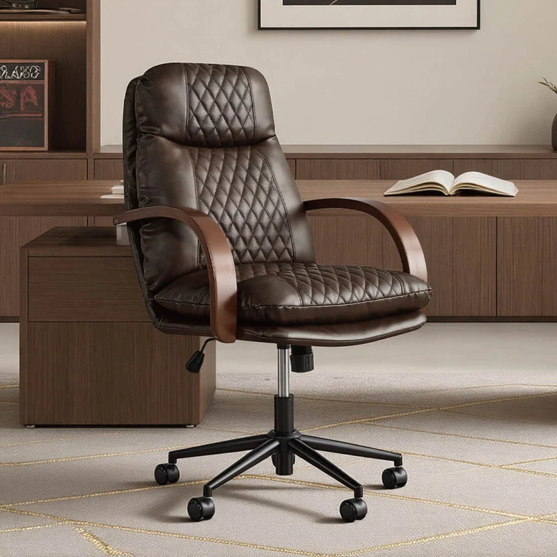 Upholstered Swivel Office Chair with Wood Arms