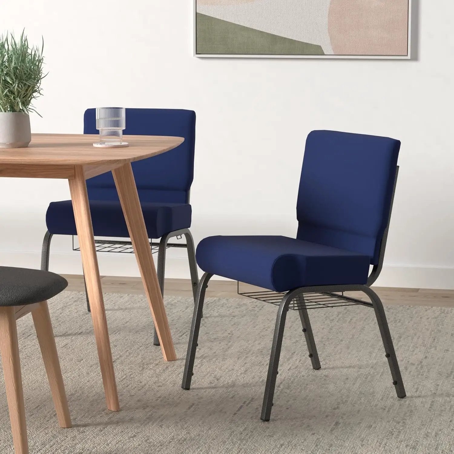 Flash Furniture 4 Pack HERCULES Series 21''W Church Chair in Navy Blue Fabric with Cup Book Rack - Silver Vein Frame by 5 years limited.