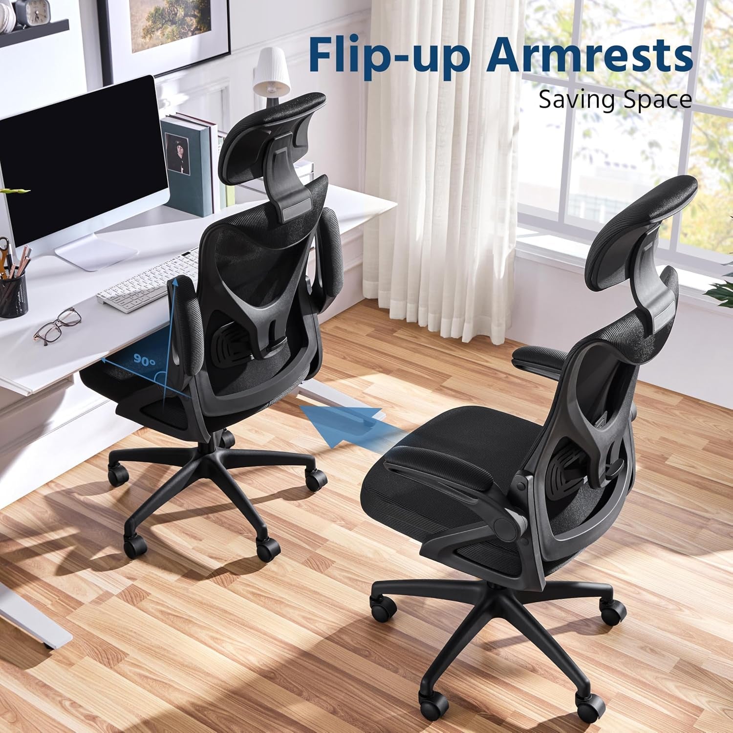 Yaheetech Ergonomic Office Chair with Headrest, Lumbar Support, Black | Breathable Mesh High-Back Adjustable Headrest, Padded Seat, and Flip-Up Armrests Supports Your Back and Neck, Holds 300Lb